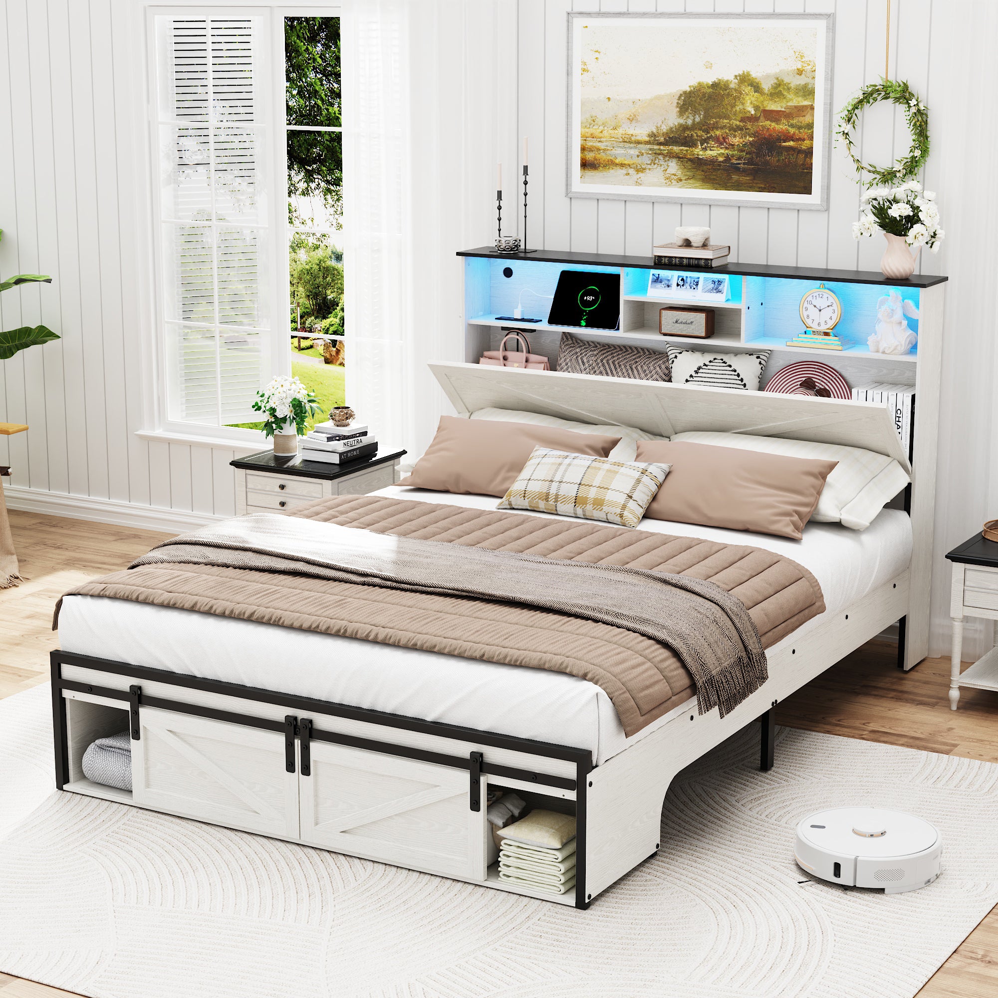 Queen Size Bed Frame, Holaki Farmhouse Queen Bed Frame with Storage Headboard, Charging Station & LED Lights, 2 Storage Drawers, No Box Spring Needed, Noise Free, Easy Assembly, White