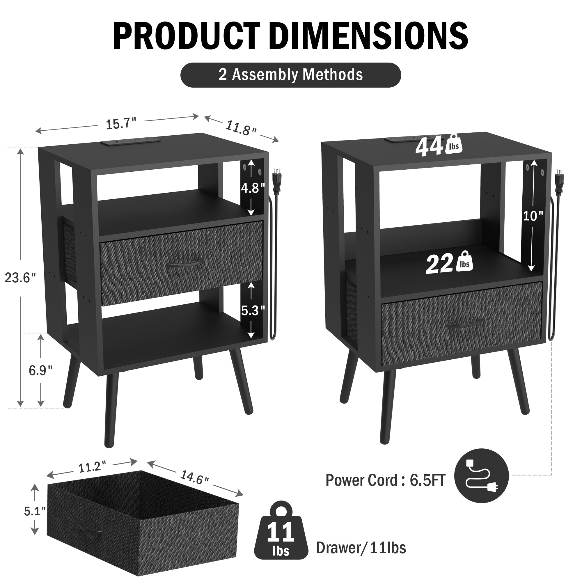 Nightstand Set of 2, Holaki Nightstand with Charging Station for Bedroom, Night Stand with LED Light & Fabric Drawers, Dresser Bedside Table for Living Room, Black