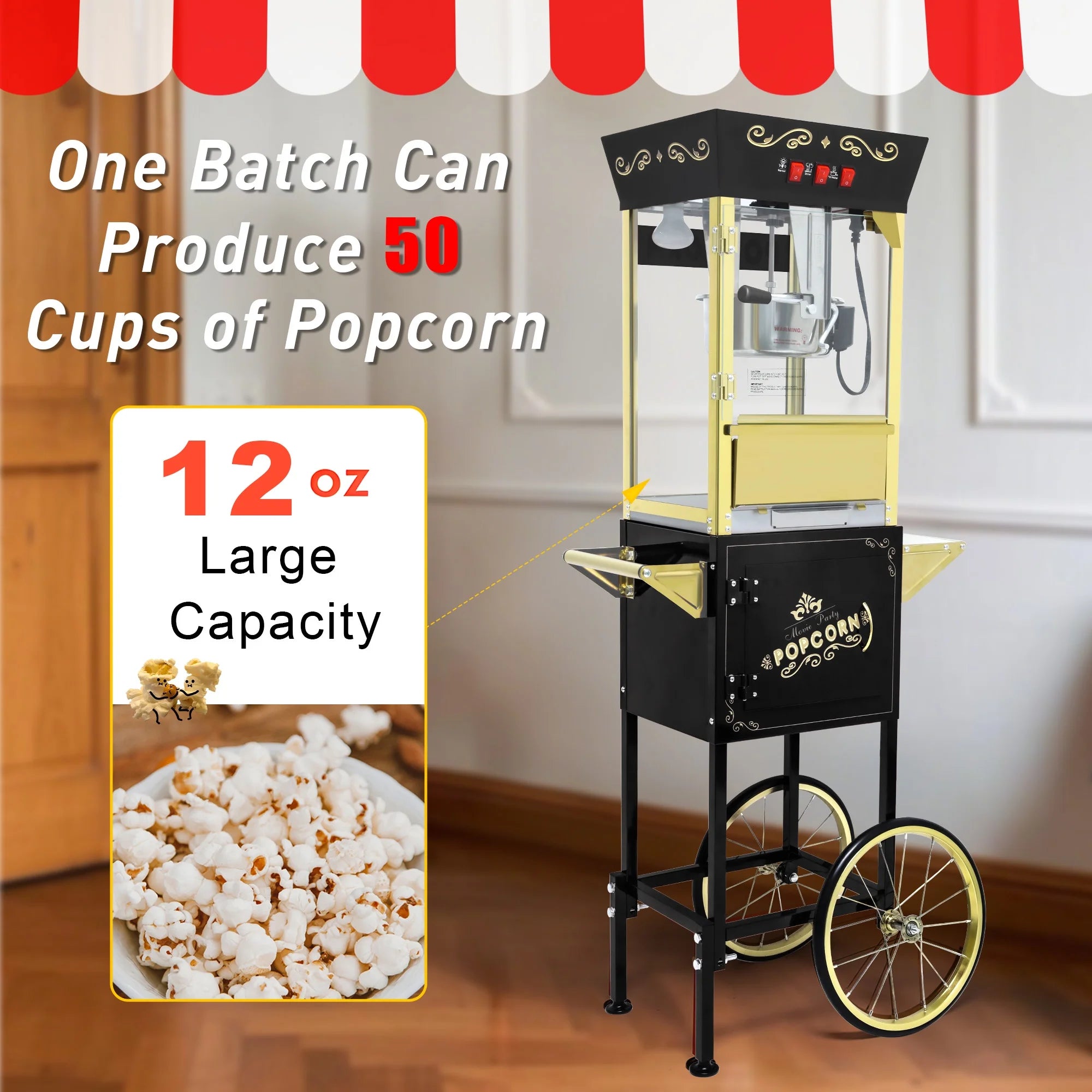 12OZ Popcorn Machine with Cart, Holaki Movie Theater Popcorn Maker Machine with Stainless Steel Kettle, Tempered Glass, 8" Shelf, Popcorn Machine for Kids Party Home, Black