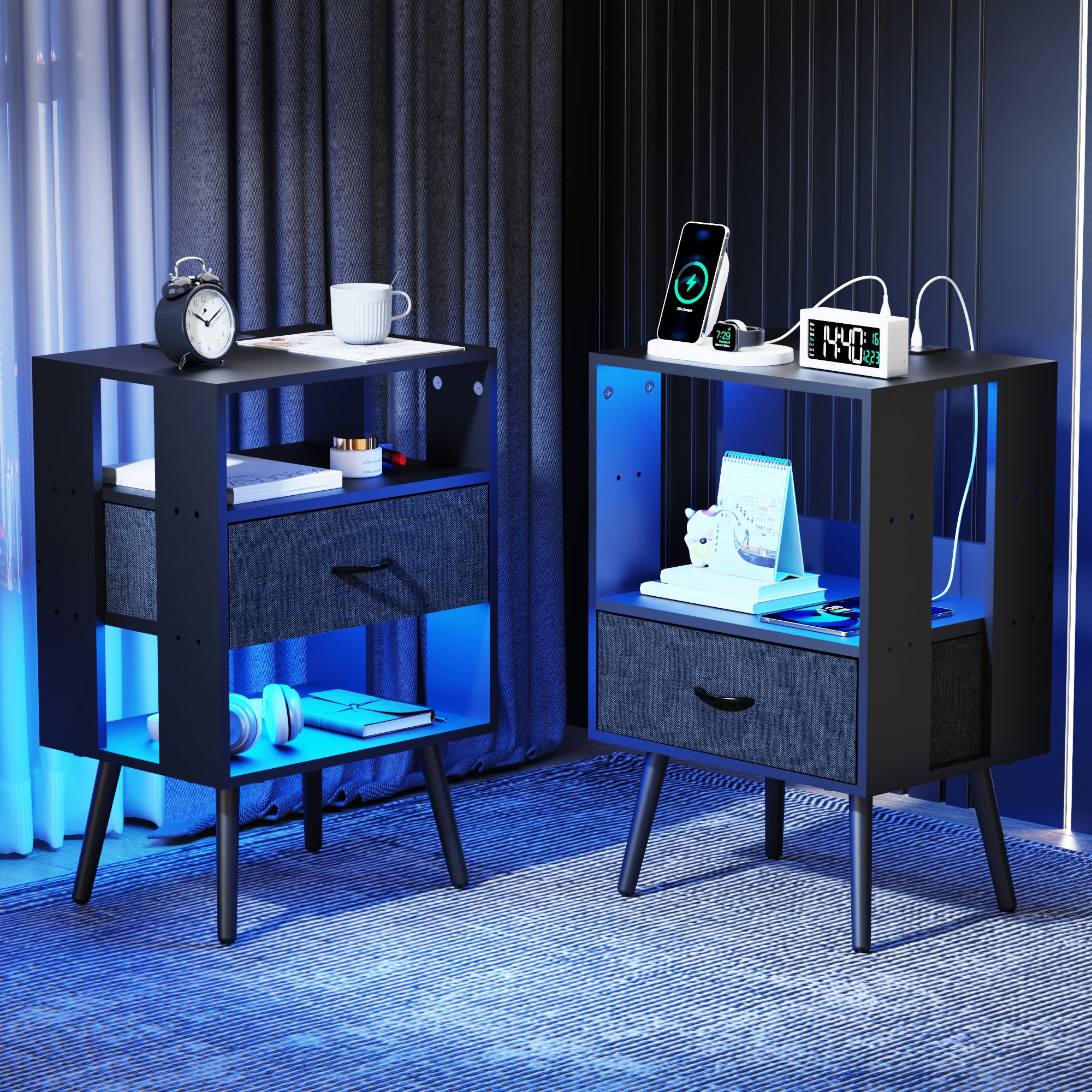 Nightstand Set of 2, Holaki Nightstand with Charging Station for Bedroom, Night Stand with LED Light & Fabric Drawers, Dresser Bedside Table for Living Room, Black