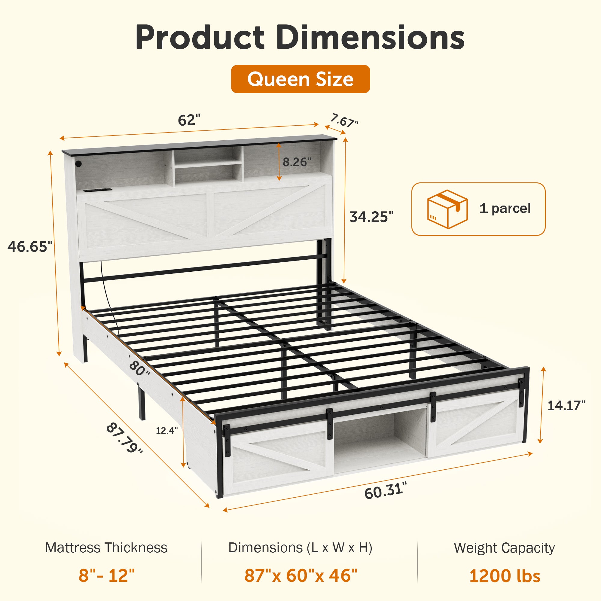 Queen Size Bed Frame, Holaki Farmhouse Queen Bed Frame with Storage Headboard, Charging Station & LED Lights, 2 Storage Drawers, No Box Spring Needed, Noise Free, Easy Assembly, White