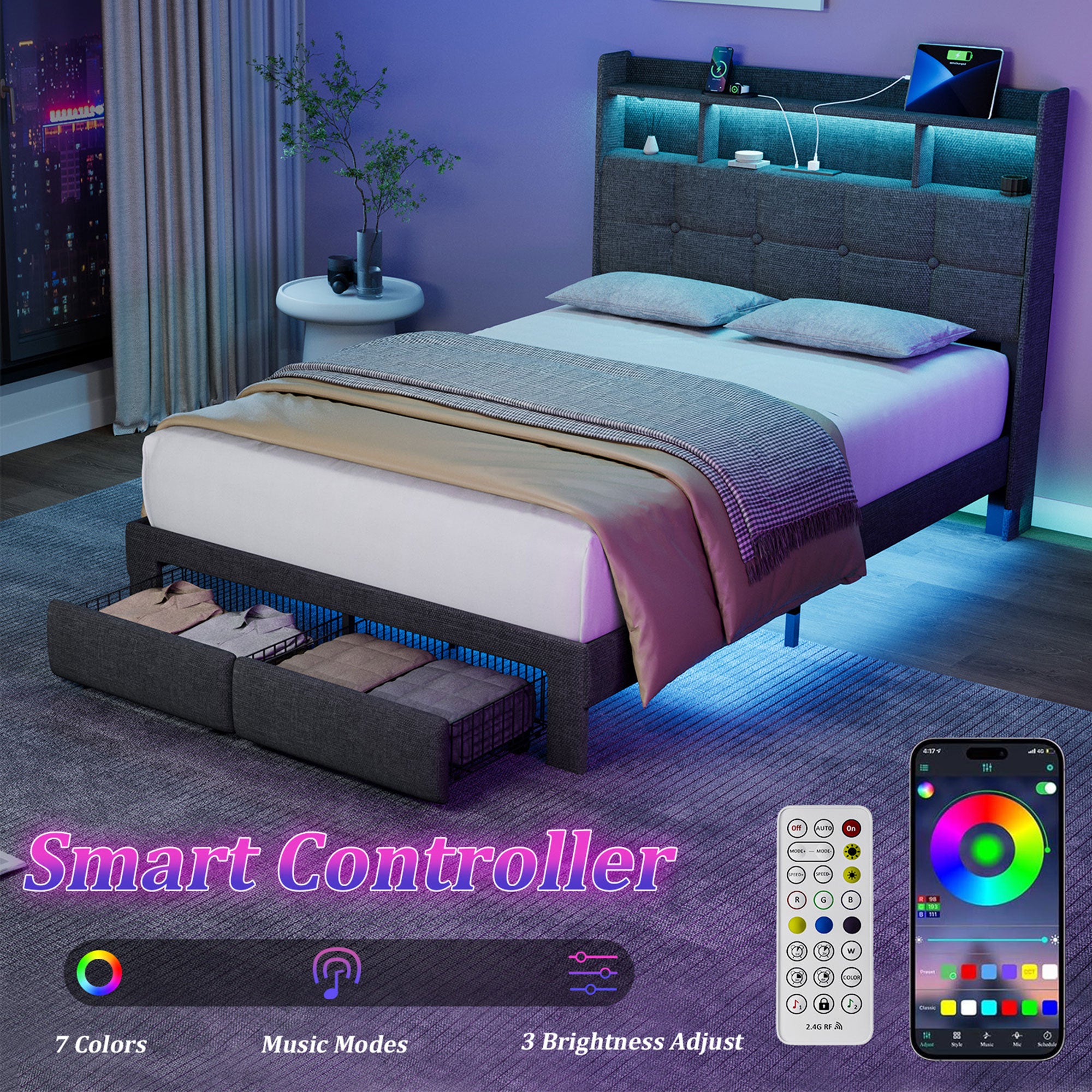 Full Bed Frame with Upholstered Headboard, Holaki Heavy Duty Metal Platform Bed Frame Full Size with 2 Storage Drawers, Charging Station & LED Lights, No Box Spring Needed, Noise Free, Dark Gray
