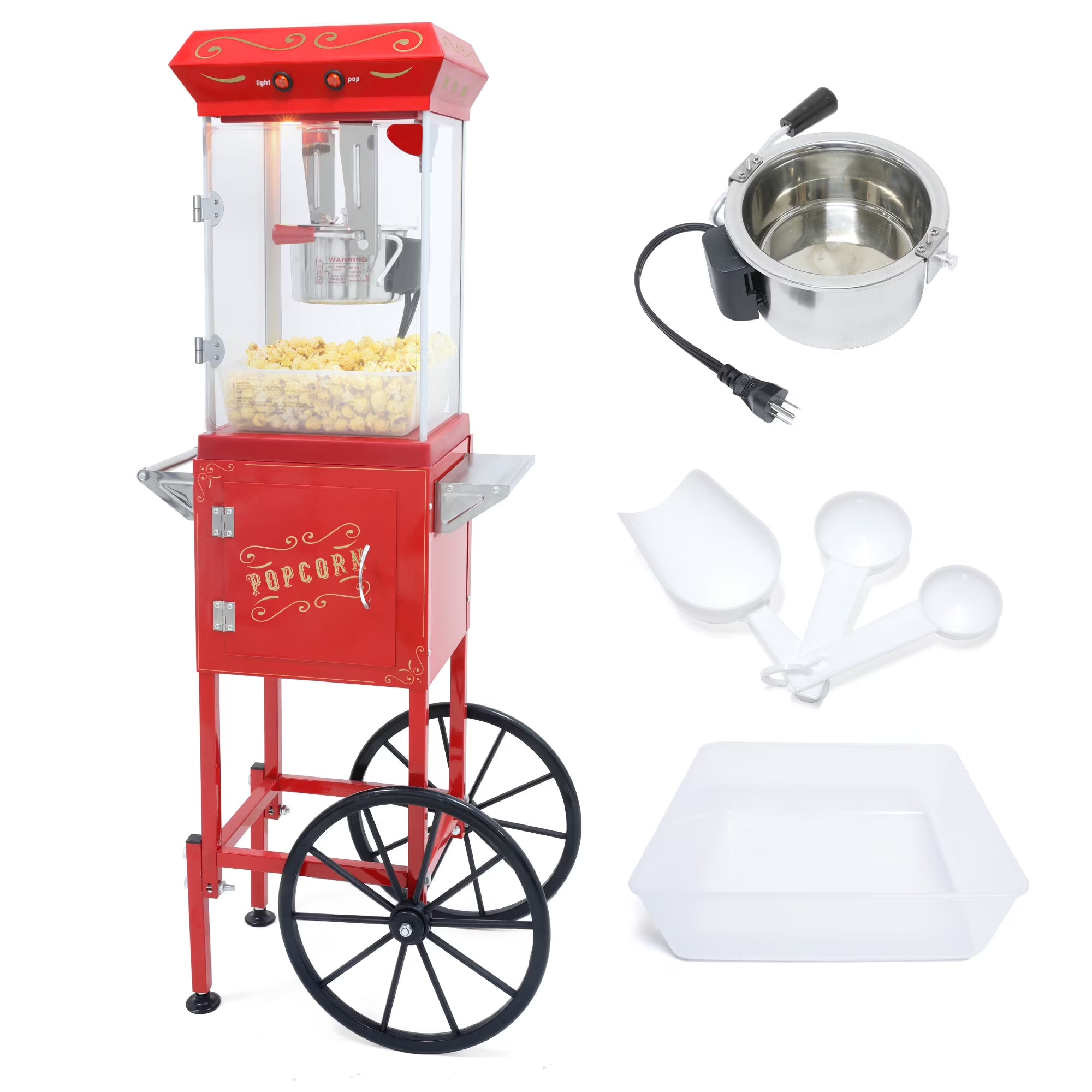 8OZ Popcorn Machine with Cart, Holaki Vintage Popcorn Maker Machine with Stainless Steel Oil Kettle & 3 Popcorn Cups, Popcorn Machine for Commercial Home Movie Theater