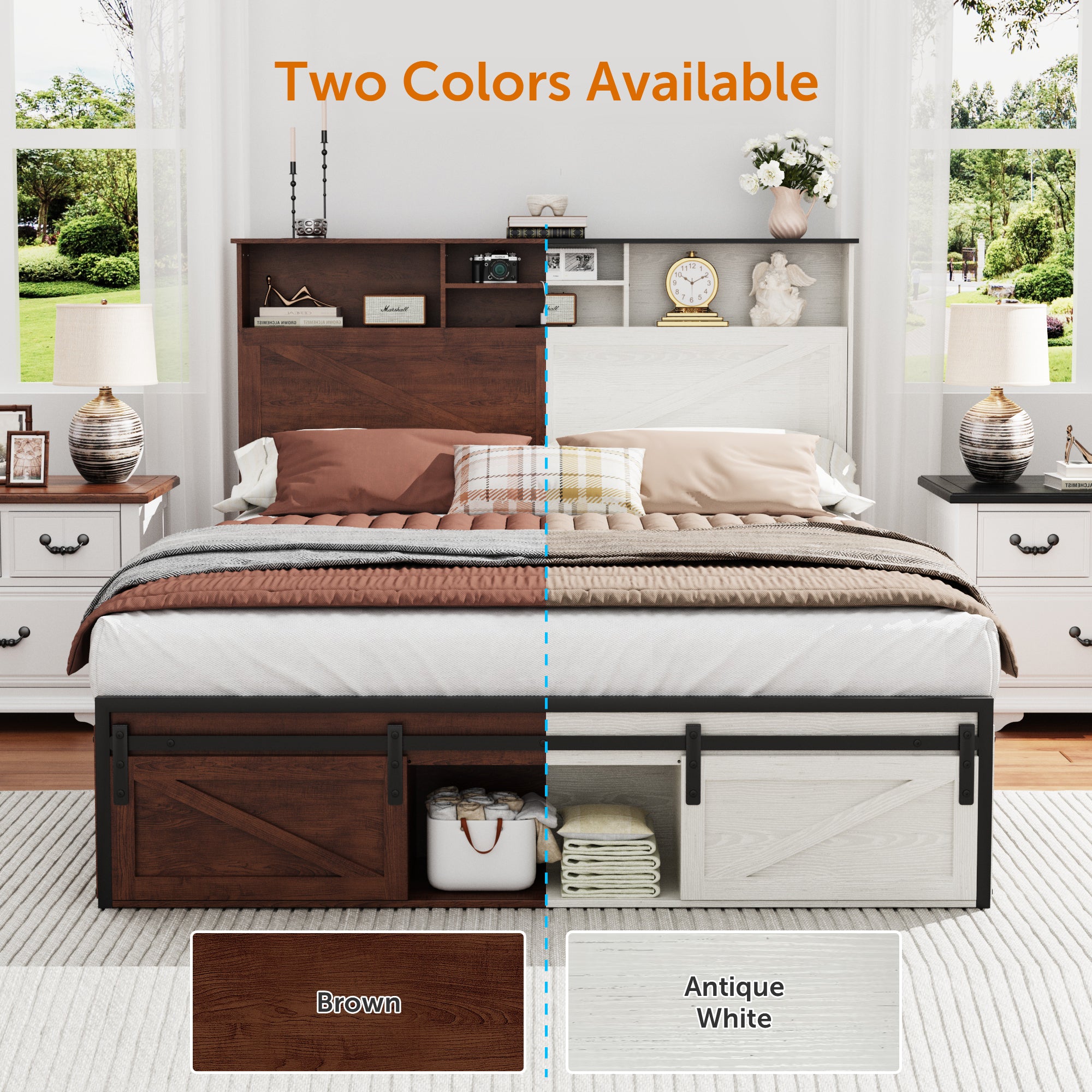 Holaki Farmhouse Queen Size Bed Frame with Storage Headboard, 2 Drawers, Charging Station & RGB LED Lights, Wood Platform Bed with Shelves & Hidden Storage, No Box Spring Required, Dark Brown