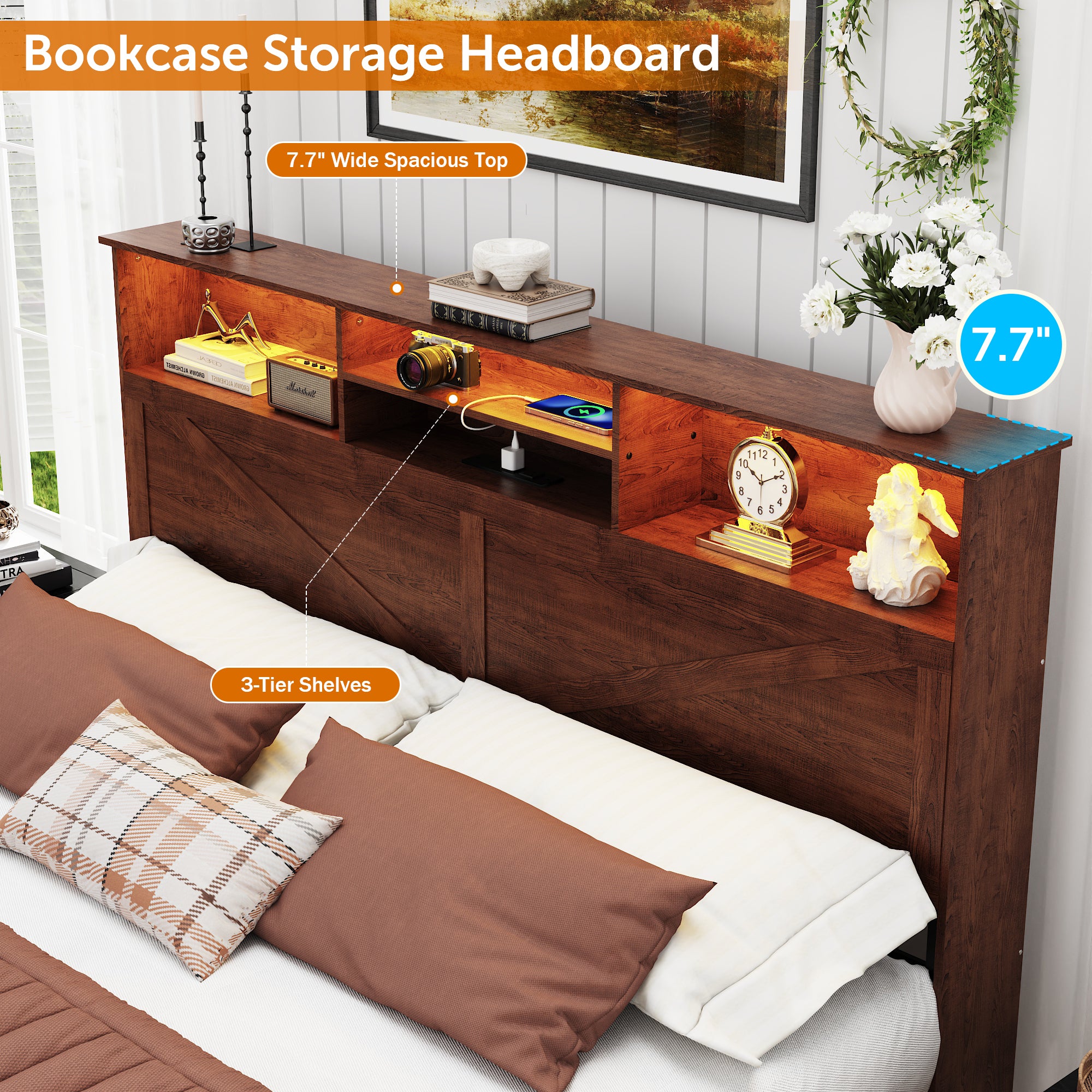 Holaki Farmhouse Queen Size Bed Frame with Storage Headboard, 2 Drawers, Charging Station & RGB LED Lights, Wood Platform Bed with Shelves & Hidden Storage, No Box Spring Required, Dark Brown
