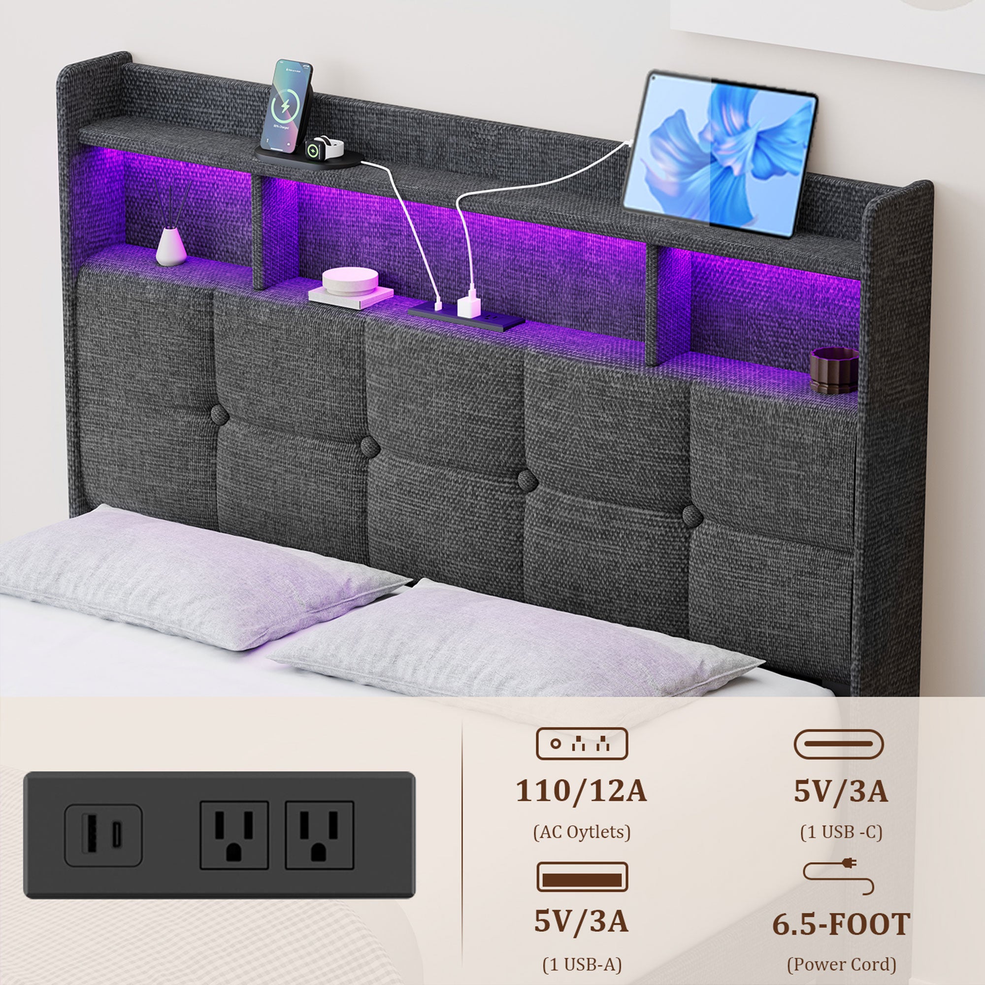 Full Bed Frame with Upholstered Headboard, Holaki Heavy Duty Metal Platform Bed Frame Full Size with 2 Storage Drawers, Charging Station & LED Lights, No Box Spring Needed, Noise Free, Dark Gray