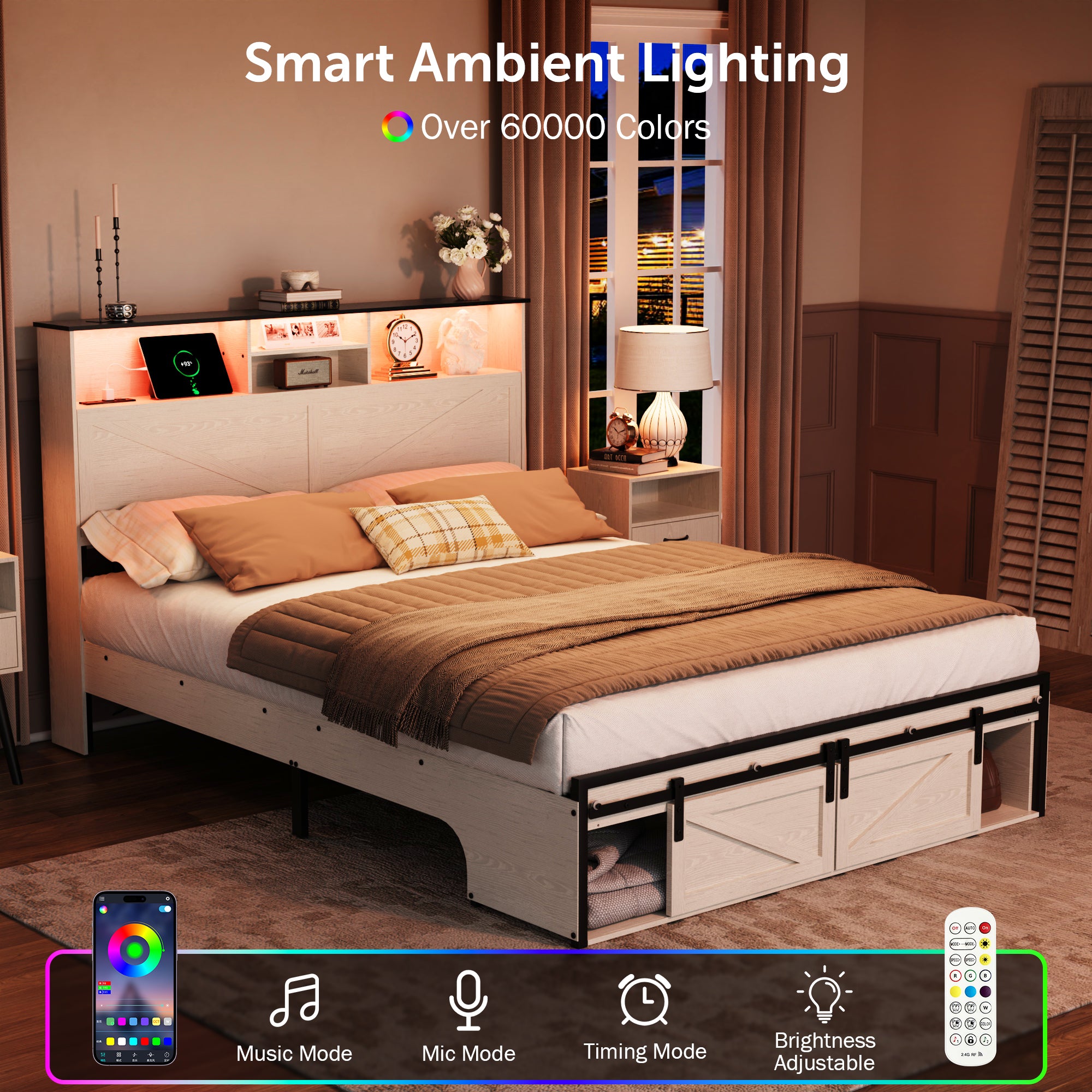 Queen Size Bed Frame, Holaki Farmhouse Queen Bed Frame with Storage Headboard, Charging Station & LED Lights, 2 Storage Drawers, No Box Spring Needed, Noise Free, Easy Assembly, White