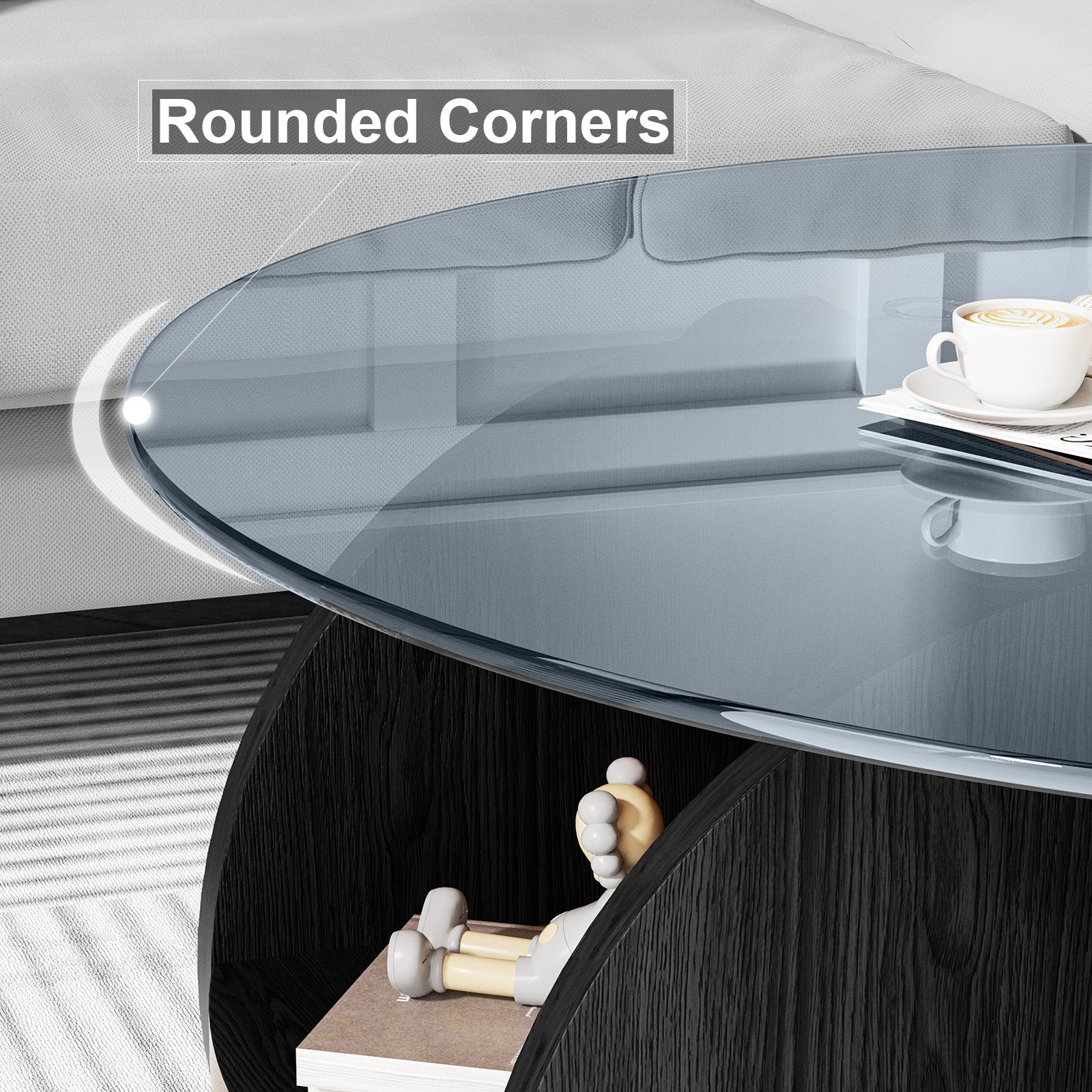 31.5" Round Glass Top Coffee Table for Living Room, Holaki Modern Center Table with Solid Wood Legs and Storage Shelves, Circle Center Cocktail Table with Tempered Glass-Top