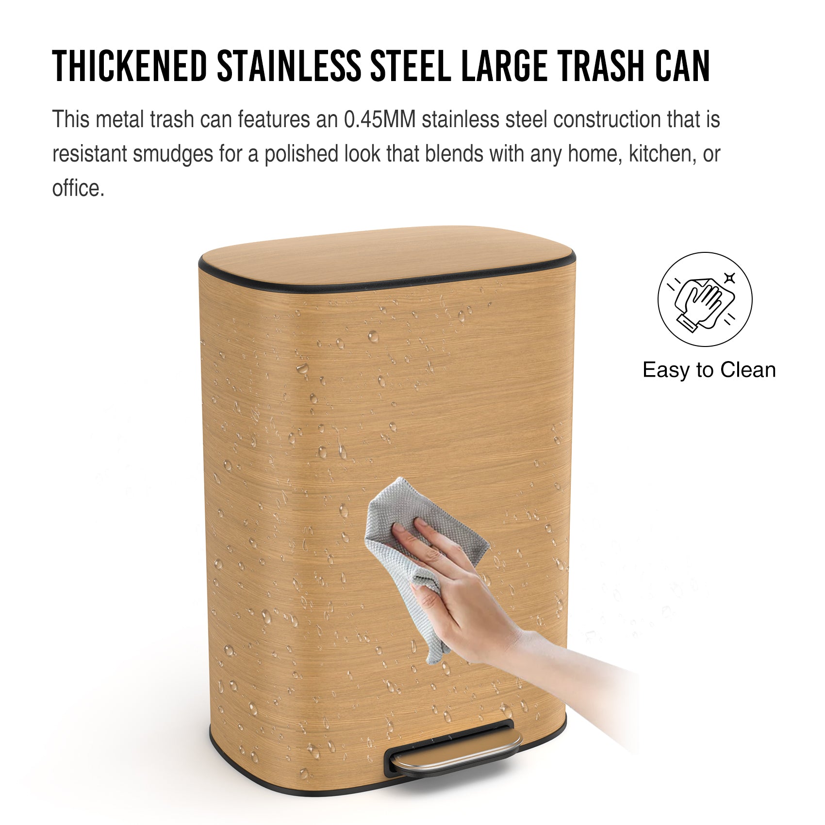 50 Liter/13.2 Gallon Step Trash Can with Inner Liner, Oval Garbage Can with Soft Close Quiet Lid, with 30 Garbage Bags for Kitchen/Home/Office and More - Stainless Steel Thickened Body （Wood）