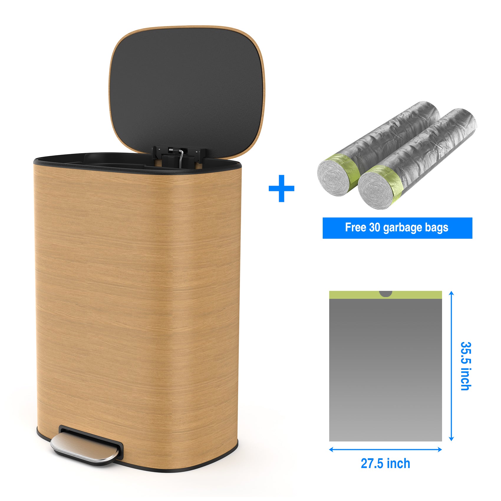 50 Liter/13.2 Gallon Step Trash Can with Inner Liner, Oval Garbage Can with Soft Close Quiet Lid, with 30 Garbage Bags for Kitchen/Home/Office and More - Stainless Steel Thickened Body （Wood）