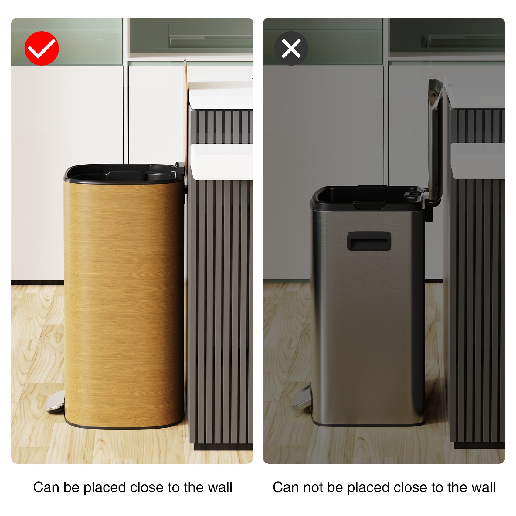 50 Liter/13.2 Gallon Step Trash Can with Inner Liner, Oval Garbage Can with Soft Close Quiet Lid, with 30 Garbage Bags for Kitchen/Home/Office and More - Stainless Steel Thickened Body （Wood）
