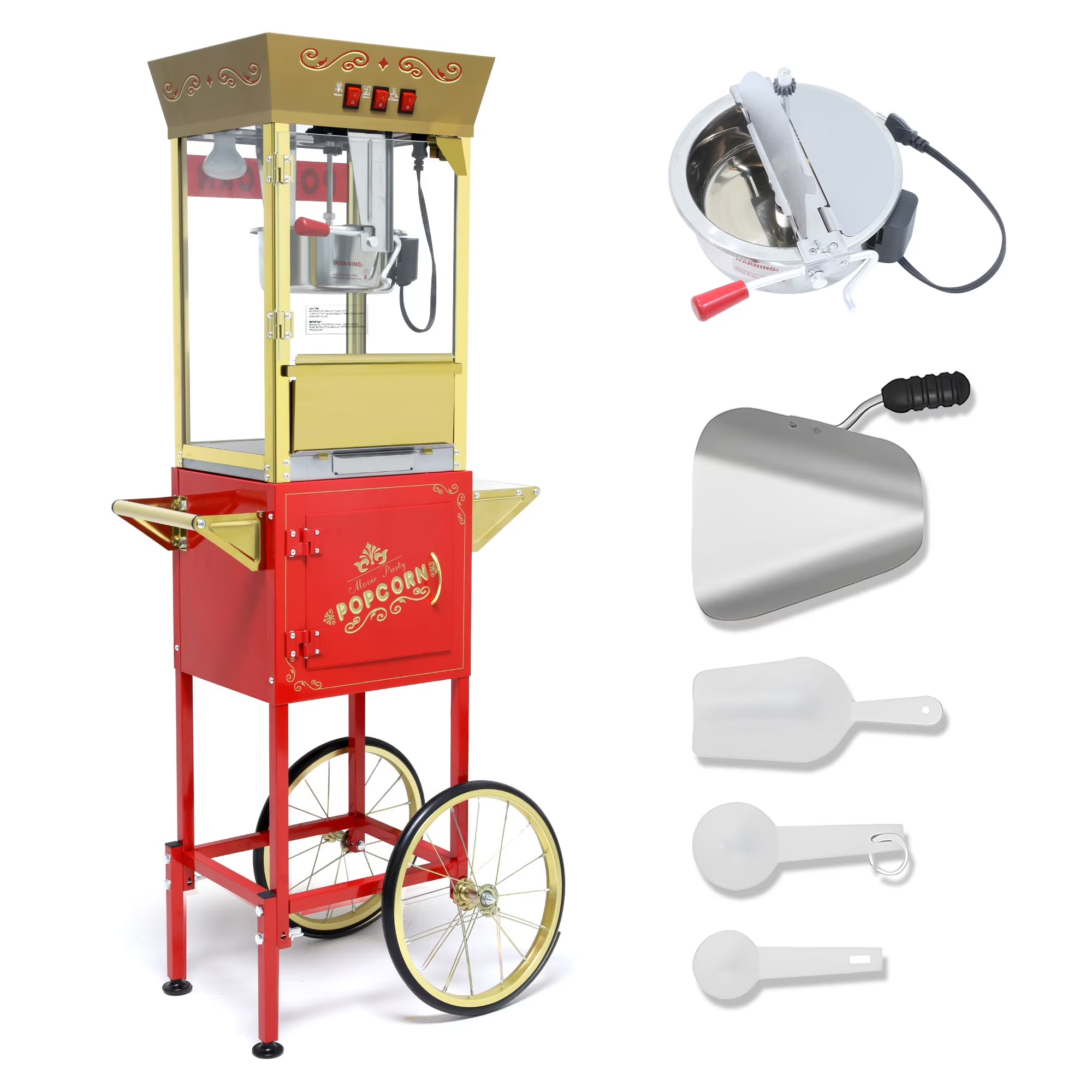 12OZ Popcorn Machine with Cart, Holaki Movie Theater Popcorn Maker Machine with Stainless Steel Kettle, Tempered Glass, 8" Shelf, Popcorn Machine for Kids Party Home, Black