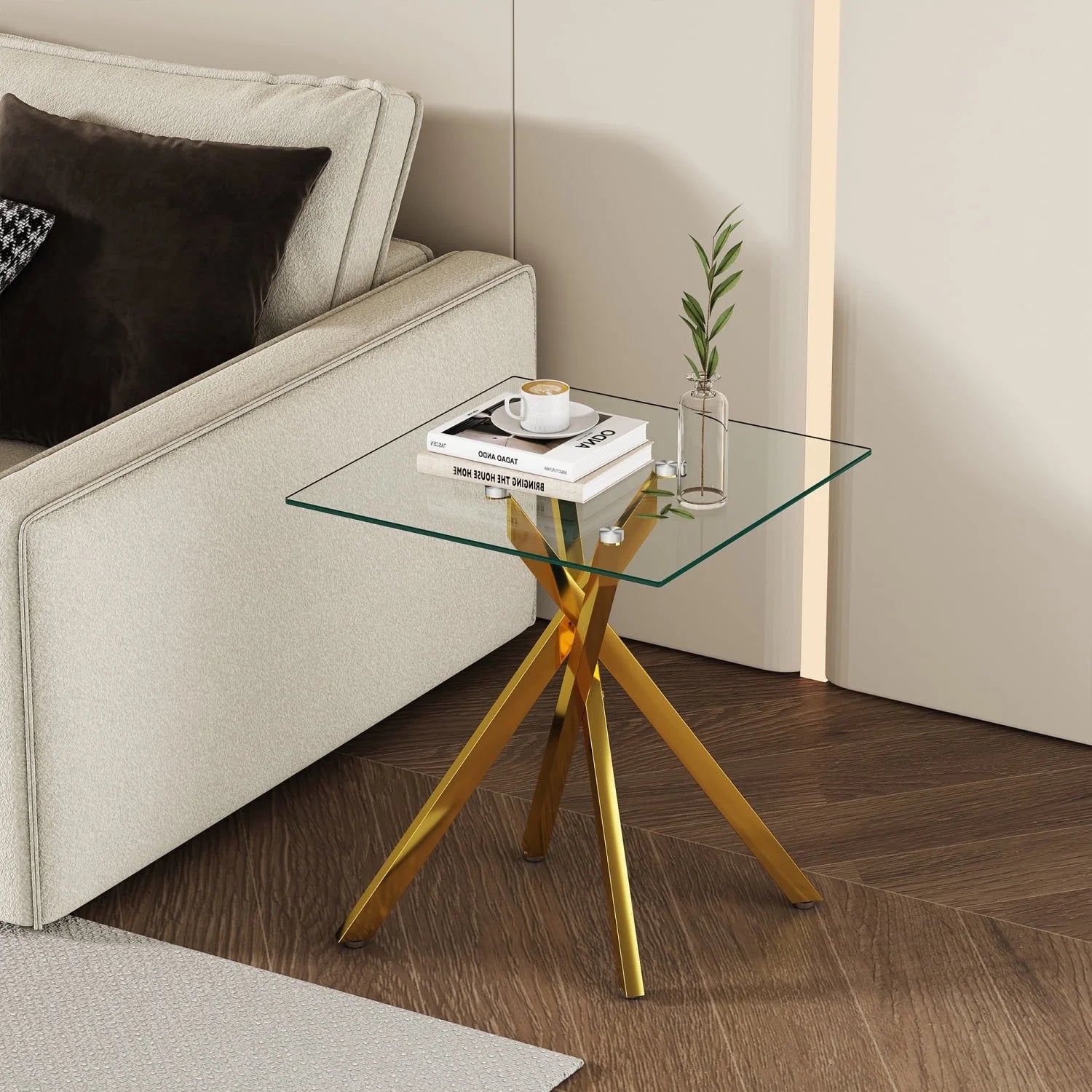 Glass End Table for Living Room, Holaki 17.72" Modern Square Side Table with Tempered Glass Top & Metal Legs, Small Glass Table for Bedroom Office, Black