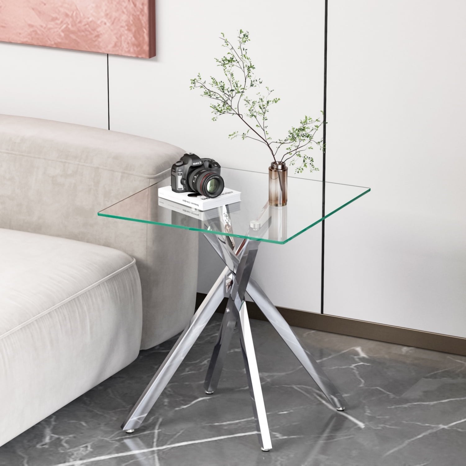 Glass End Table for Living Room, Holaki 17.72" Modern Square Side Table with Tempered Glass Top & Metal Legs, Small Glass Table for Bedroom Office, Black