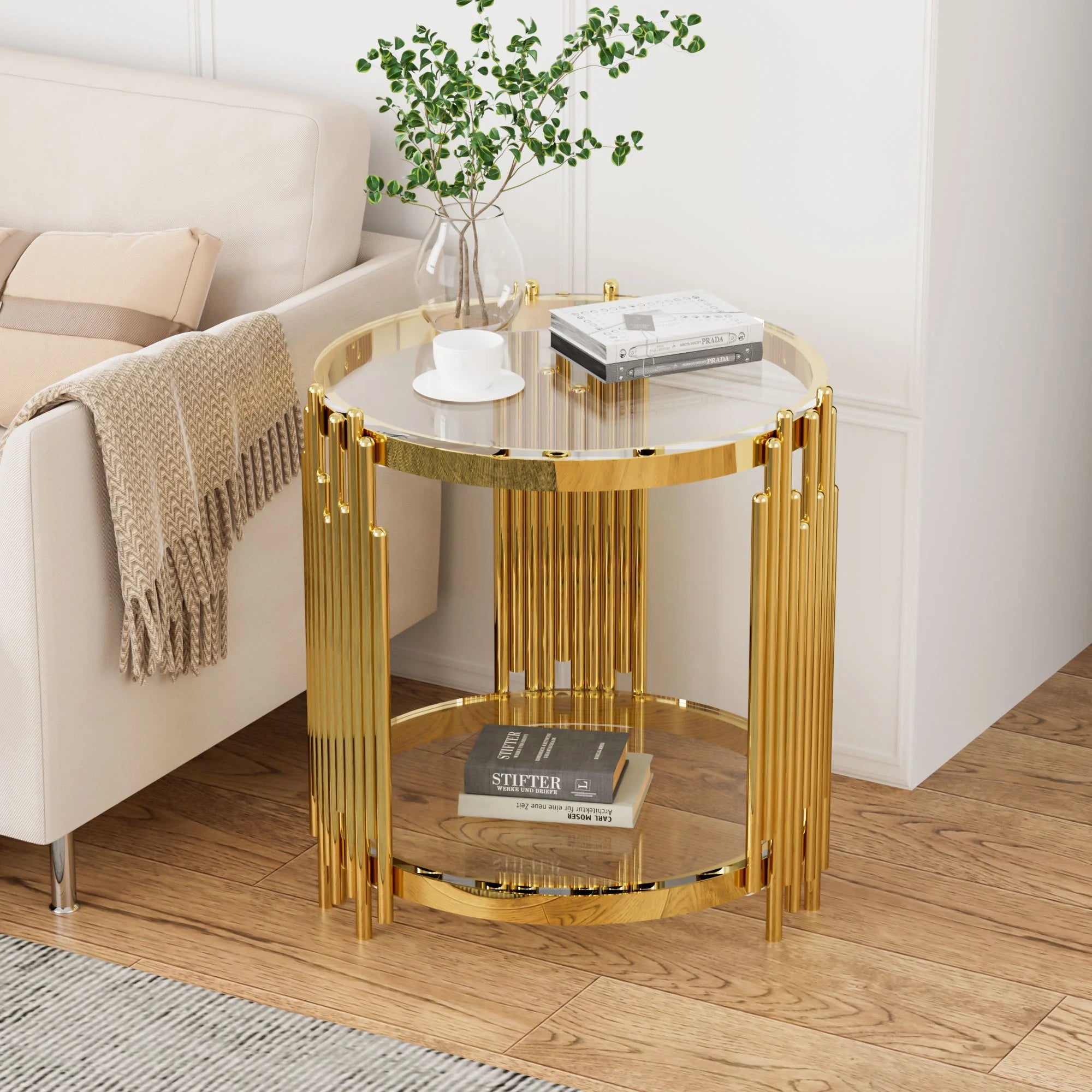 Glass Coffee Table with Lower Shelf, Holaki Modern Round Cocktail Table with Stainless Steel Irregular Legs, Center Sofa Coffee Table for Living Room Office Apartment, Easy to Clean