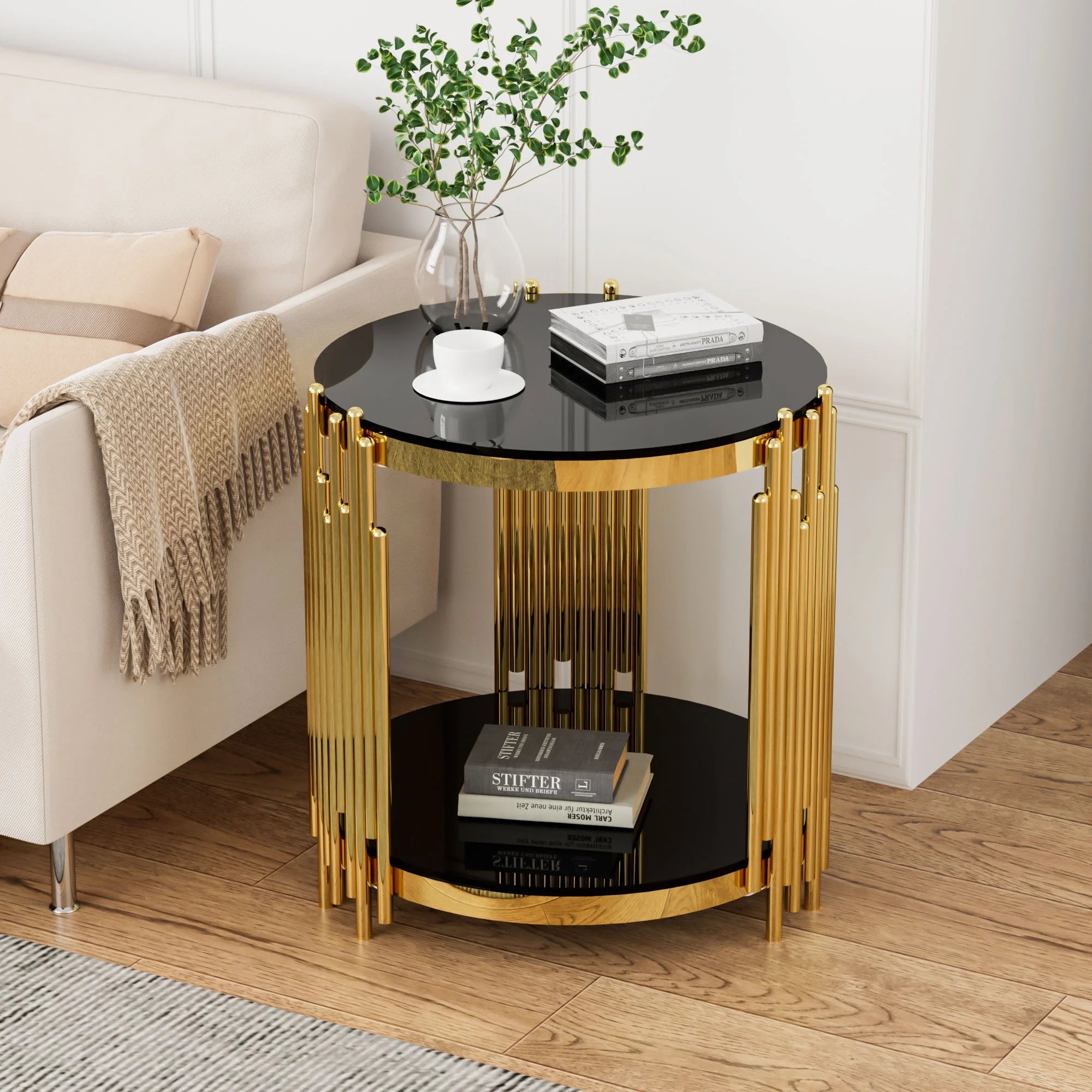 Glass Coffee Table with Lower Shelf, Holaki Modern Round Cocktail Table with Stainless Steel Irregular Legs, Center Sofa Coffee Table for Living Room Office Apartment, Easy to Clean