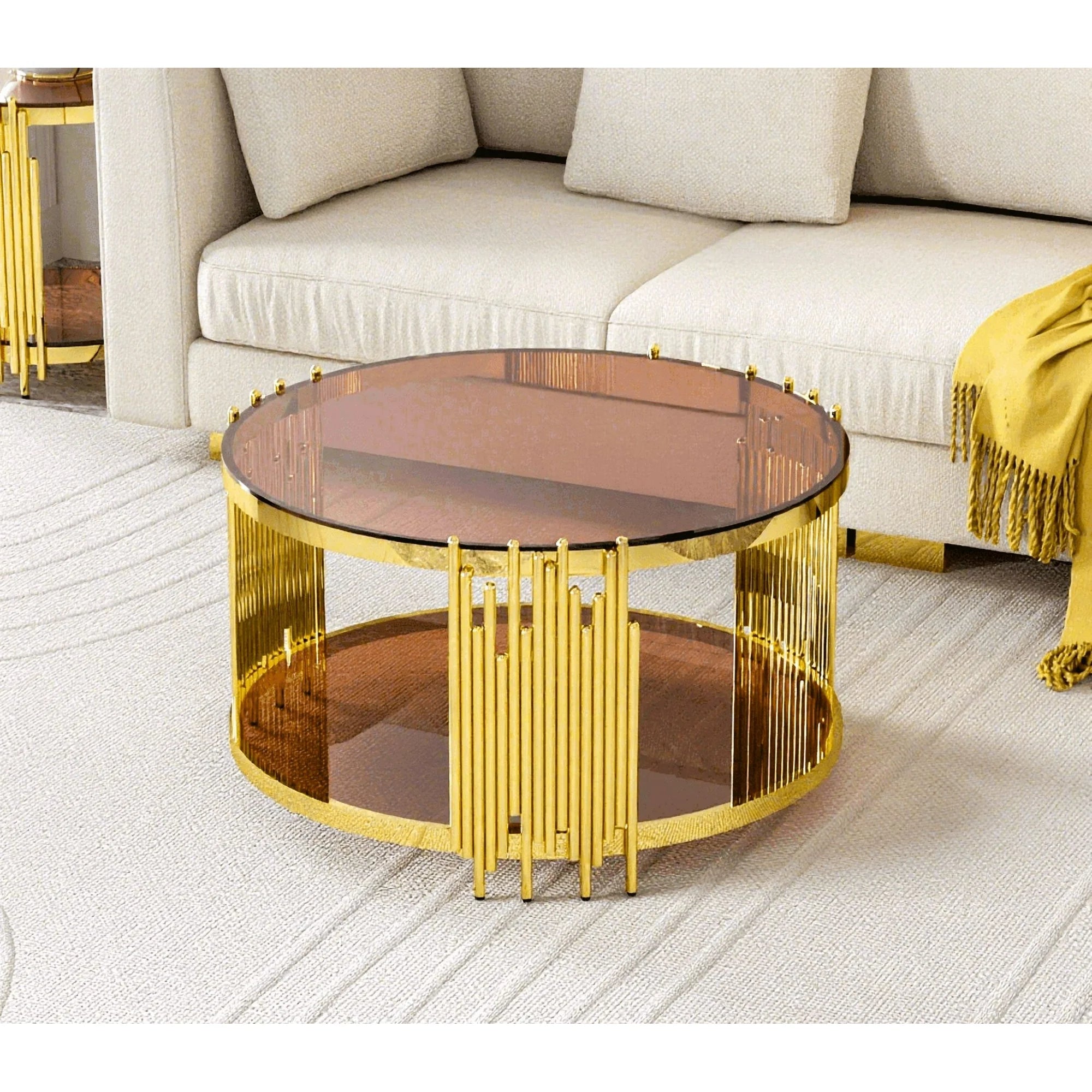 Glass Coffee Table with Lower Shelf, Holaki Modern Round Cocktail Table with Stainless Steel Irregular Legs, Center Sofa Coffee Table for Living Room Office Apartment, Easy to Clean