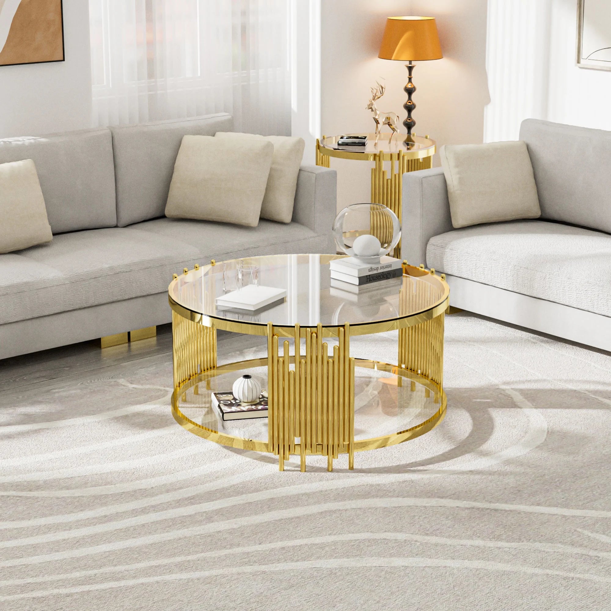 Glass Coffee Table with Lower Shelf, Holaki Modern Round Cocktail Table with Stainless Steel Irregular Legs, Center Sofa Coffee Table for Living Room Office Apartment, Easy to Clean