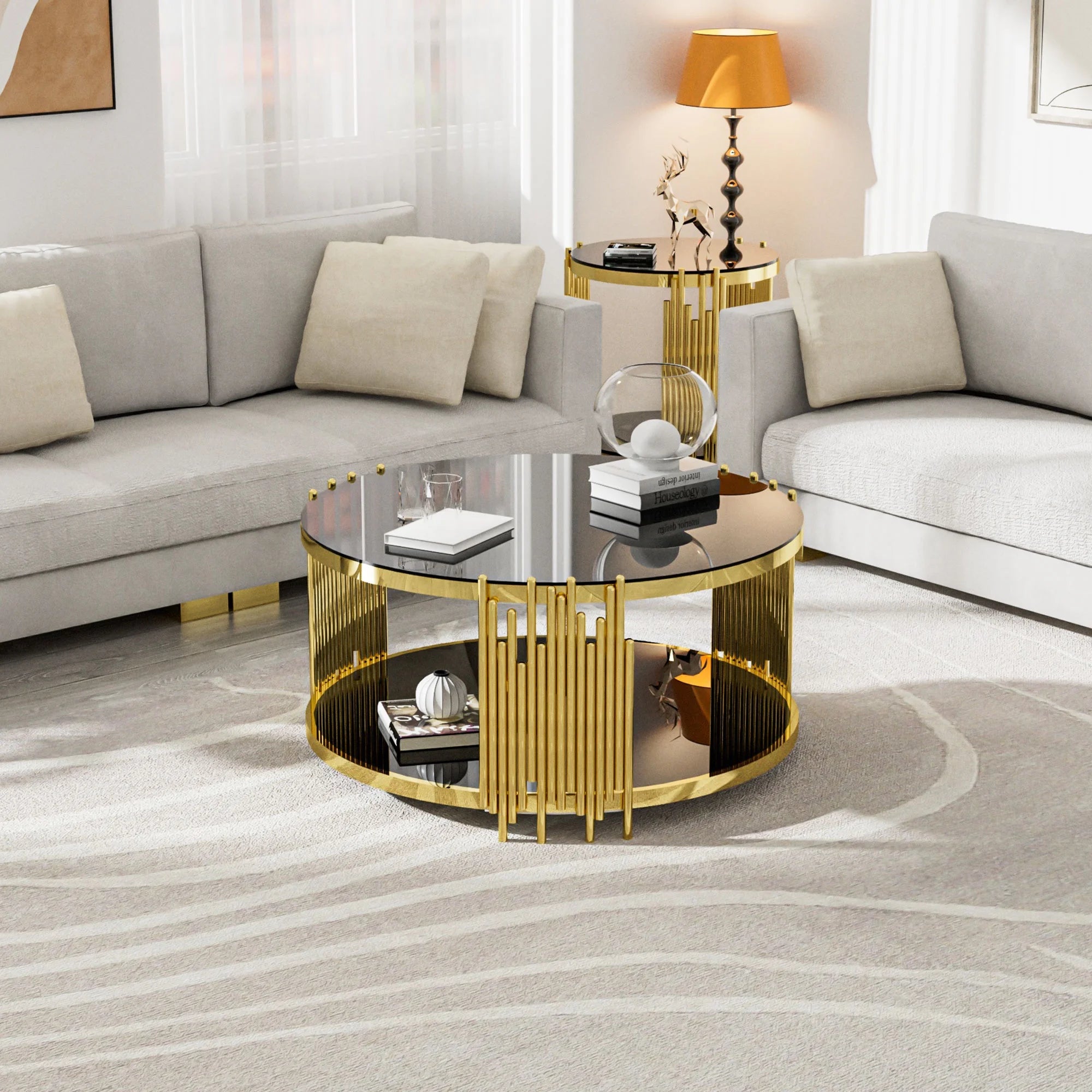Glass Coffee Table with Lower Shelf, Holaki Modern Round Cocktail Table with Stainless Steel Irregular Legs, Center Sofa Coffee Table for Living Room Office Apartment, Easy to Clean