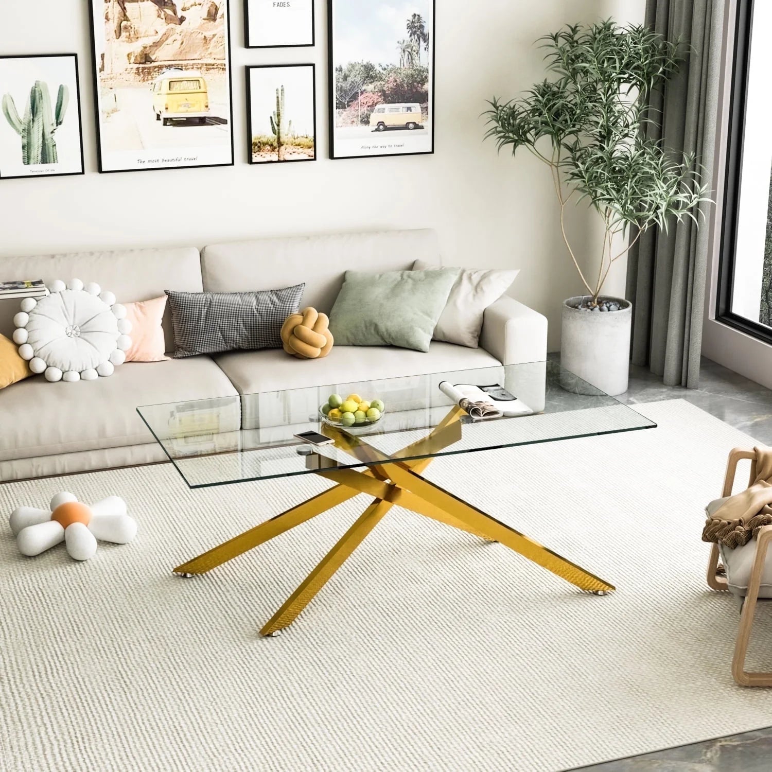 47.2" Rectangular Glass Dining Table, Holaki Modern Tempered Glass Kitchen Table with Sturdy Metal Legs, Dinning Room Table for Home Dinner, Gold