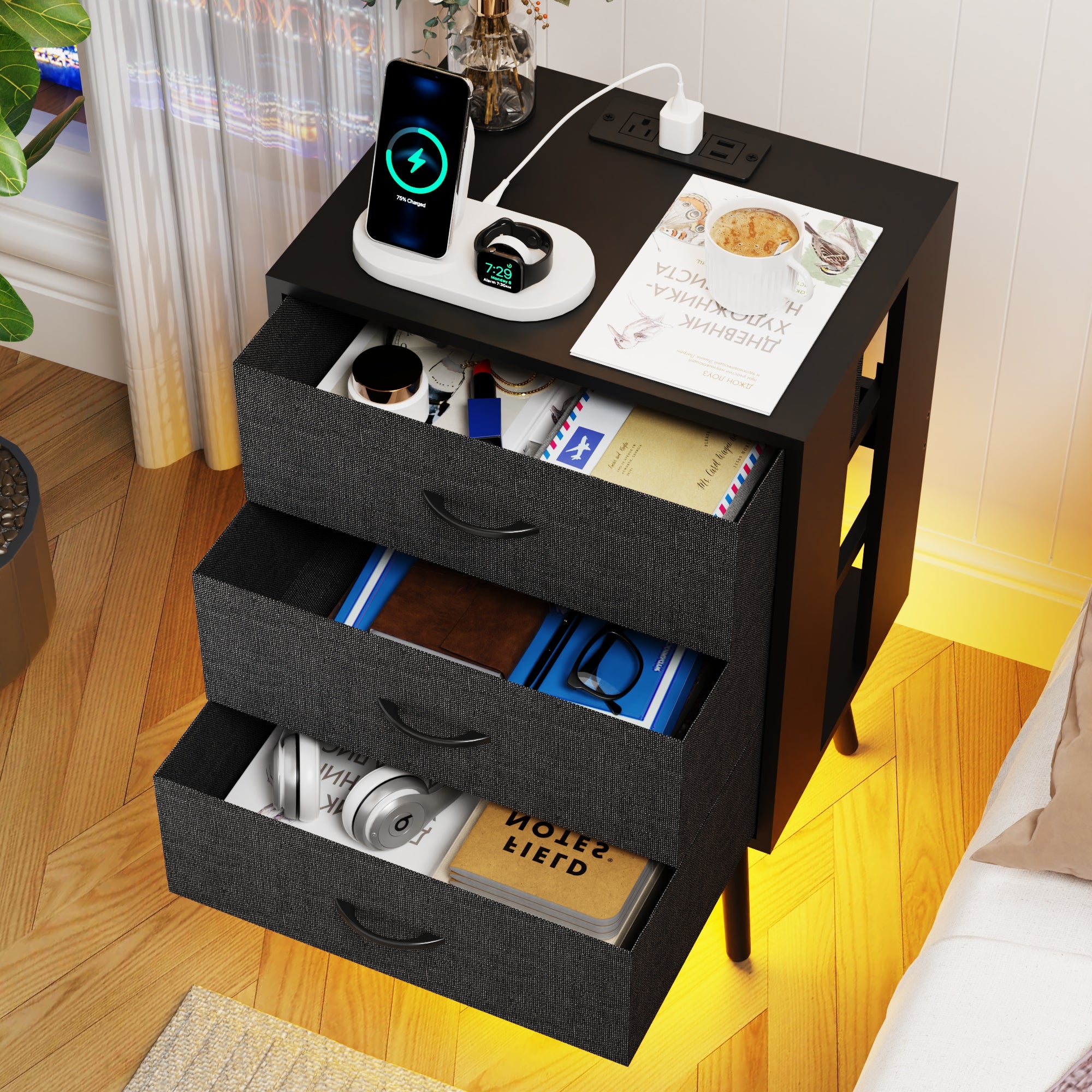 Nightstand Set of 2, Holaki Nightstand for Bedroom with Charging Station, Modern Nightstand with 3 Storage Drawer & 20 Colors LED Lights, Bedside Table for Living Room, White