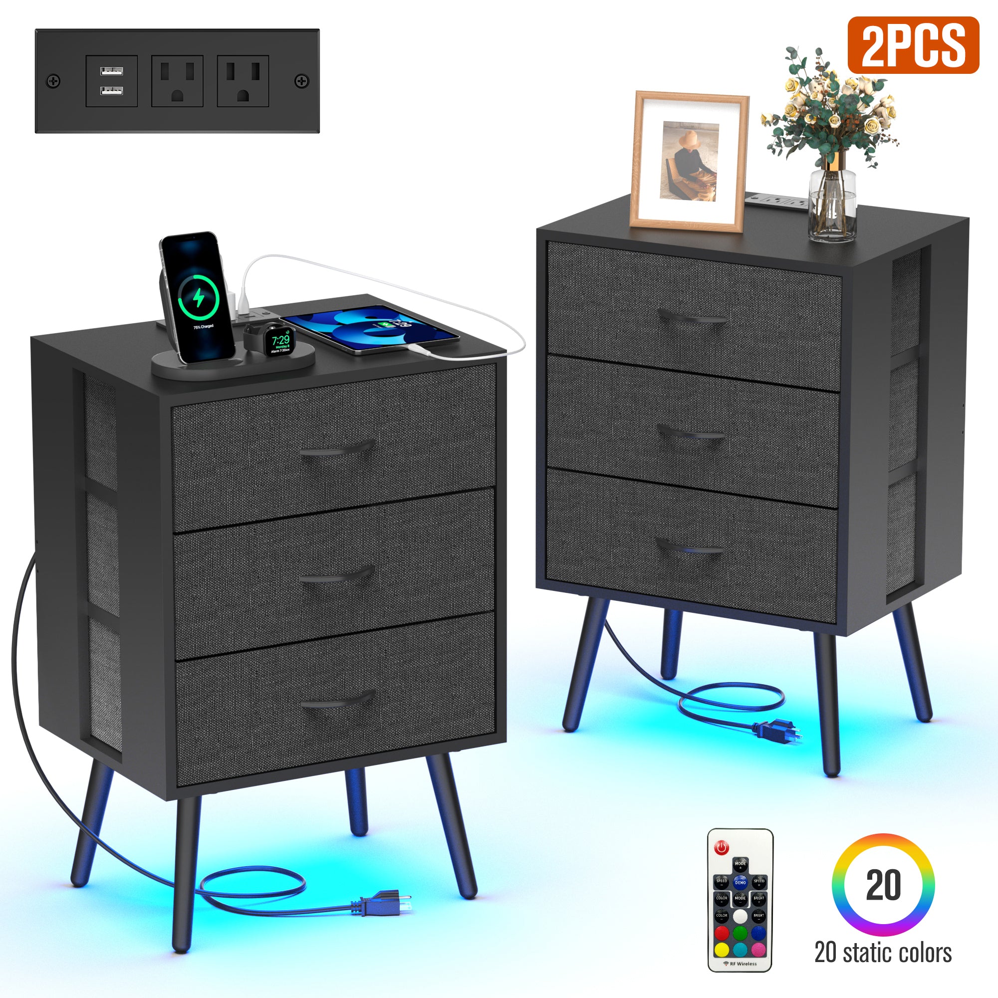 Nightstand Set of 2, Holaki Nightstand for Bedroom with Charging Station, Modern Nightstand with 3 Storage Drawer & 20 Colors LED Lights, Bedside Table for Living Room, White