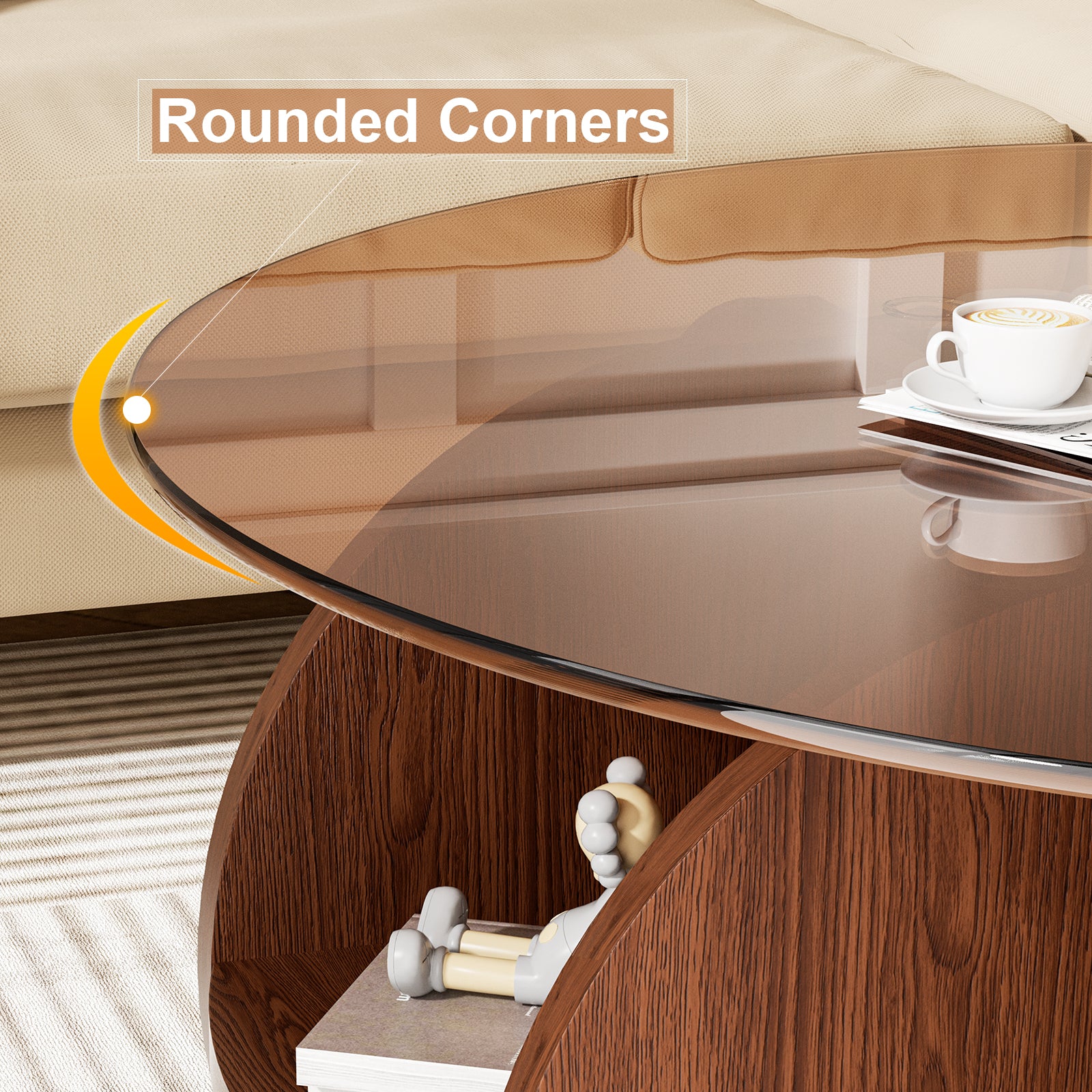 31.5" Round Glass Top Coffee Table for Living Room, Holaki Modern Center Table with Solid Wood Legs and Storage Shelves, Circle Center Cocktail Table with Tempered Glass-Top