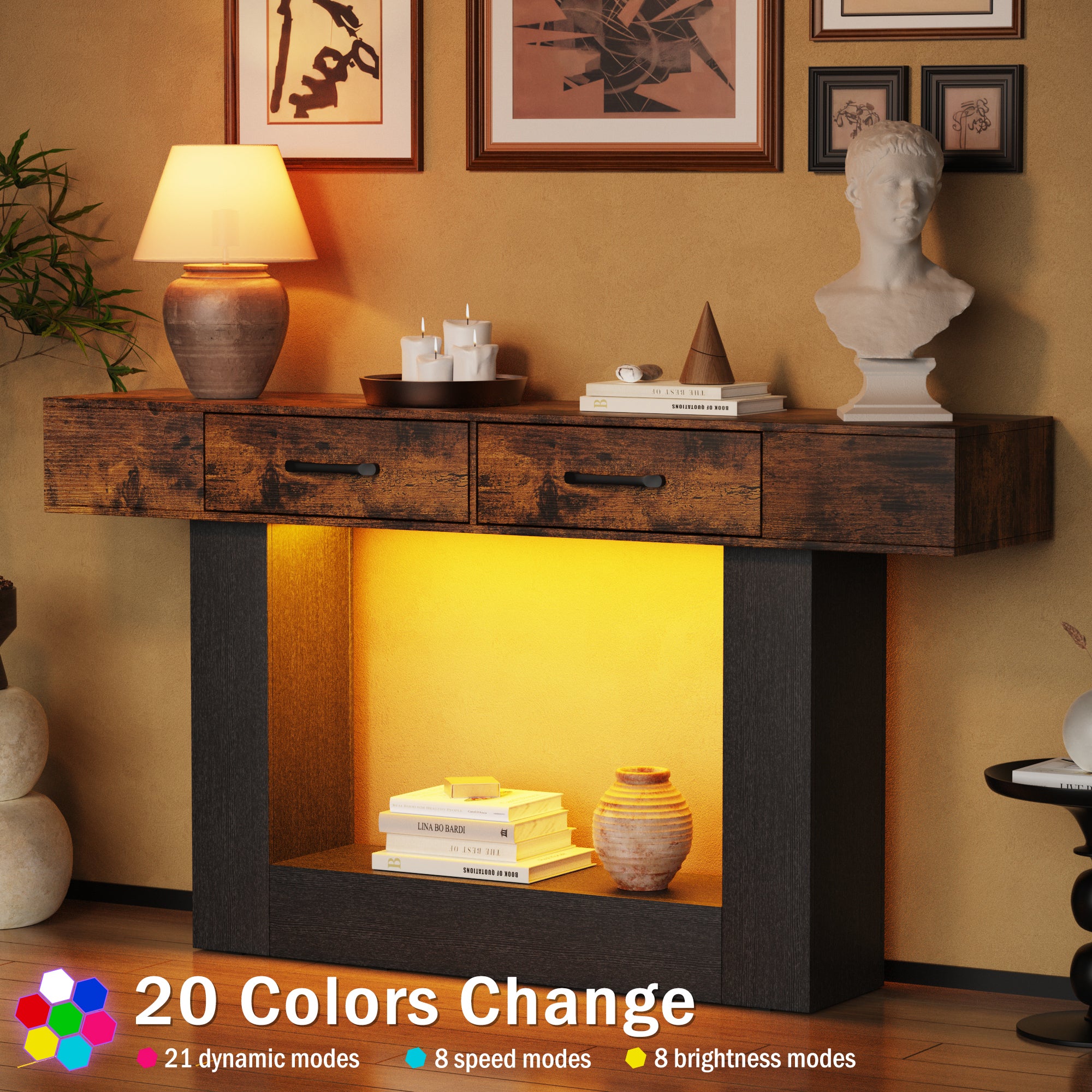 Holaki 63" Long Console Tables with Outlet, LED Strip & 2 Drawers, Modern Farmhouse Entryway Table with 20 Static Colors & 20 Changing Modes for Living Room, Office