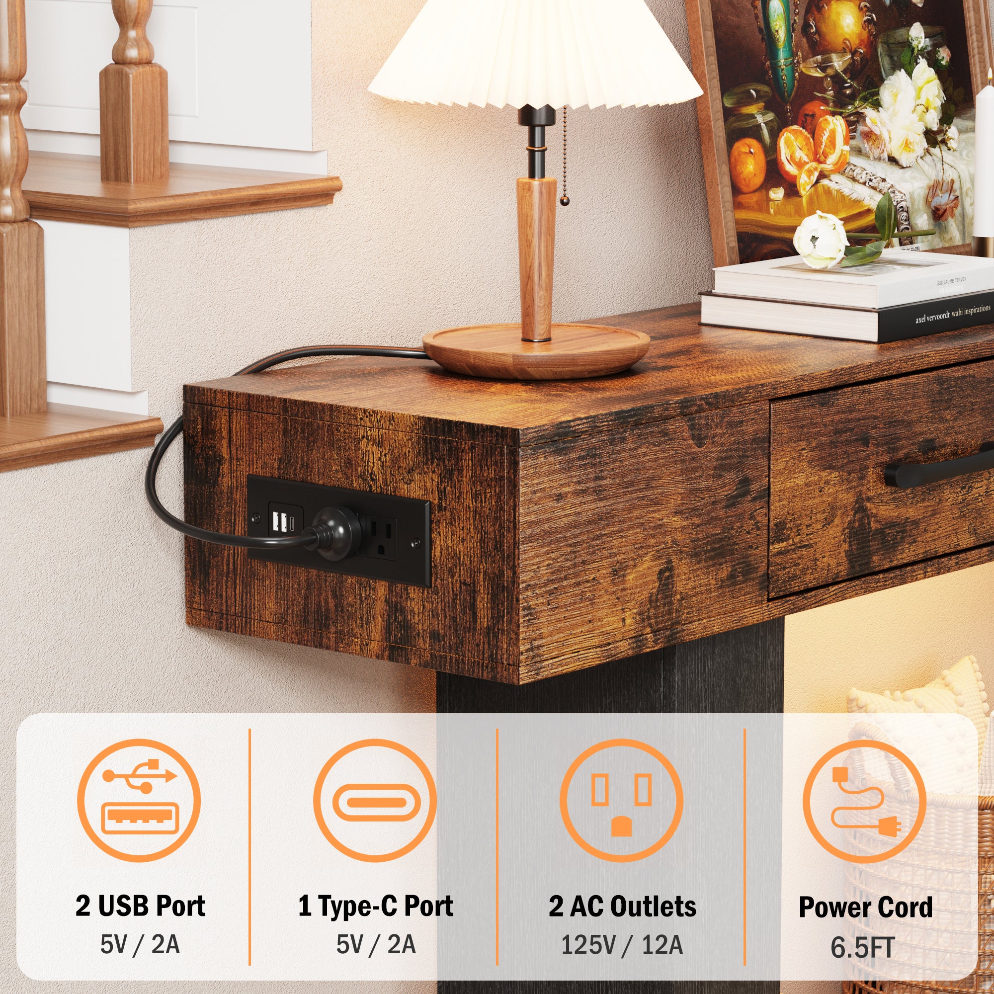 Holaki 63" Long Console Tables with Outlet, LED Strip & 2 Drawers, Modern Farmhouse Entryway Table with 20 Static Colors & 20 Changing Modes for Living Room, Office