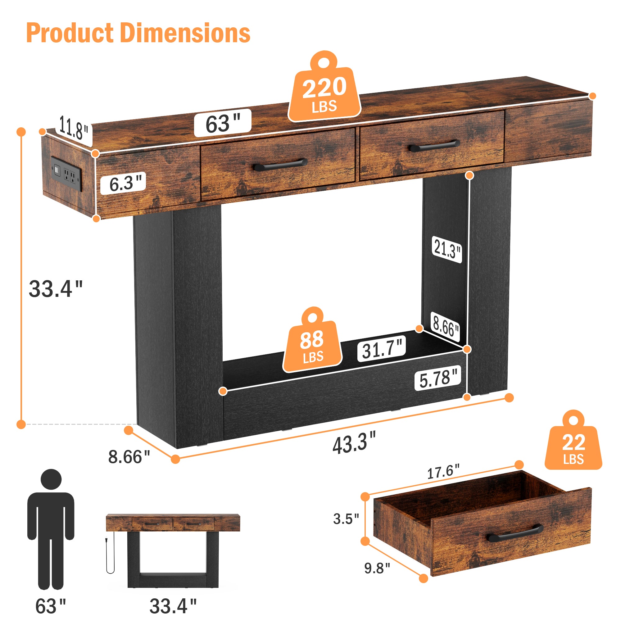Holaki 63" Long Console Tables with Outlet, LED Strip & 2 Drawers, Modern Farmhouse Entryway Table with 20 Static Colors & 20 Changing Modes for Living Room, Office