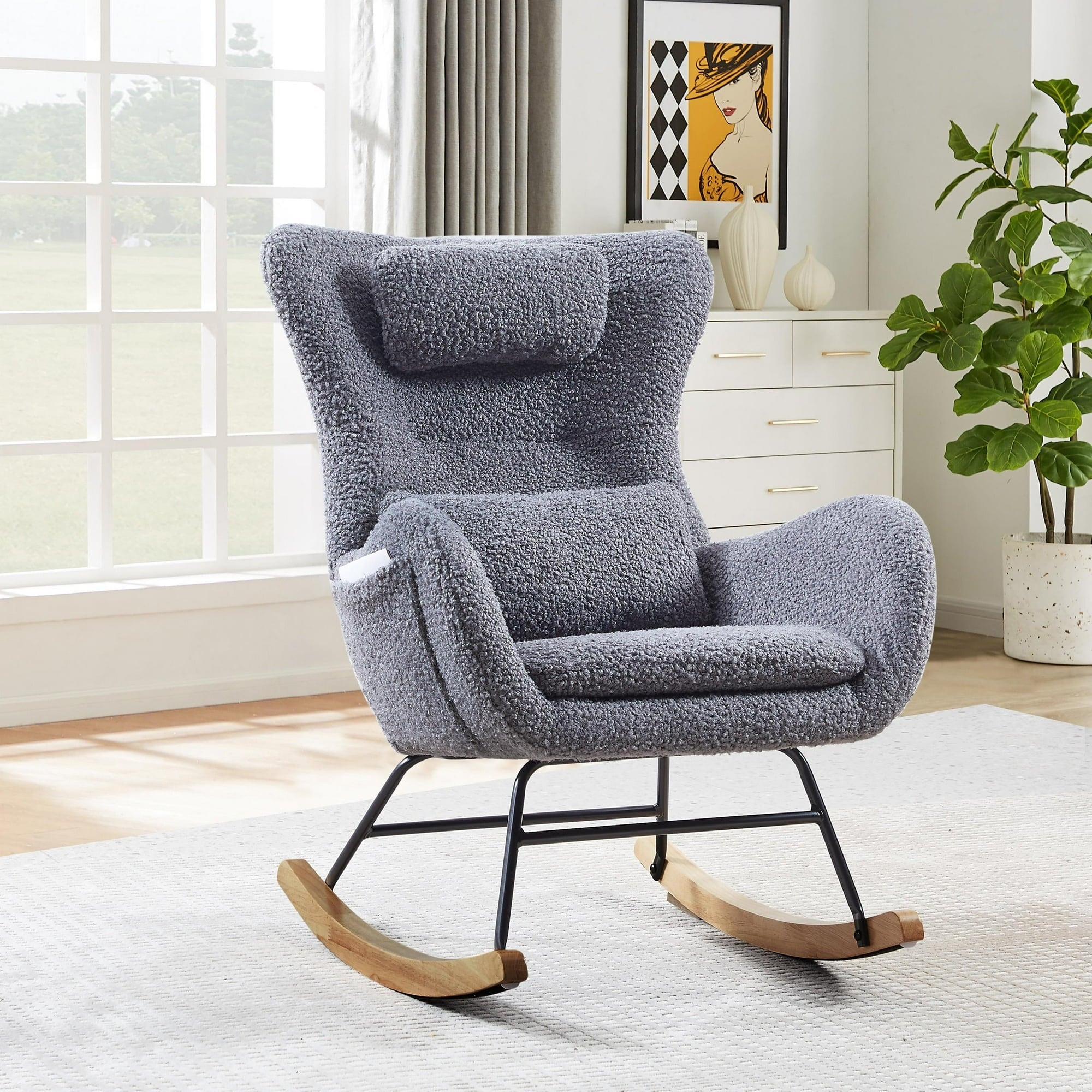 Holaki Nursery Rocking Chair Teddy, Modern Rocking Chair with High Backrest for Living Room Bedroom, Gray