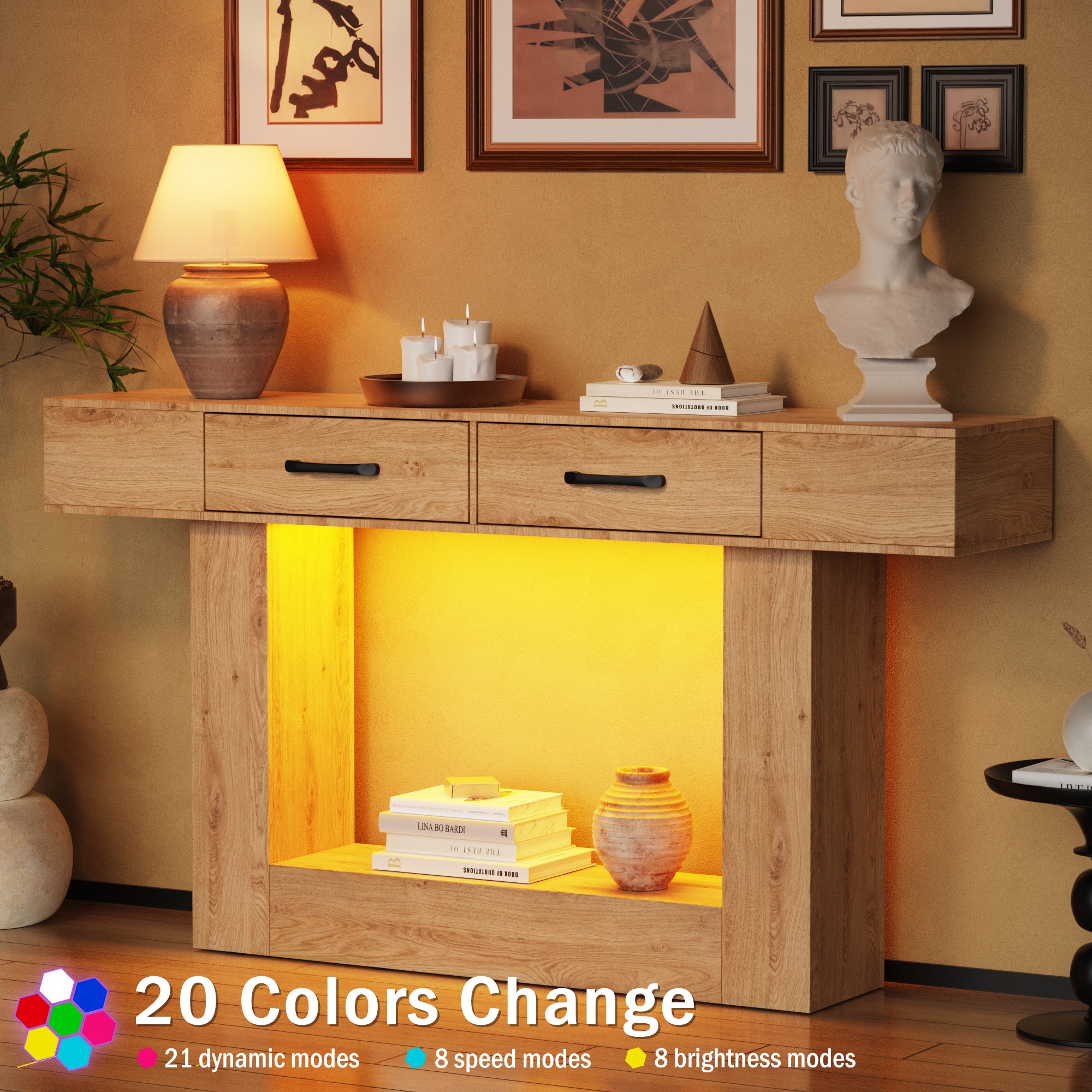 Holaki 63" Long Console Tables with Outlet, LED Strip & 2 Drawers, Modern Farmhouse Entryway Table with 20 Static Colors & 20 Changing Modes for Living Room, Office