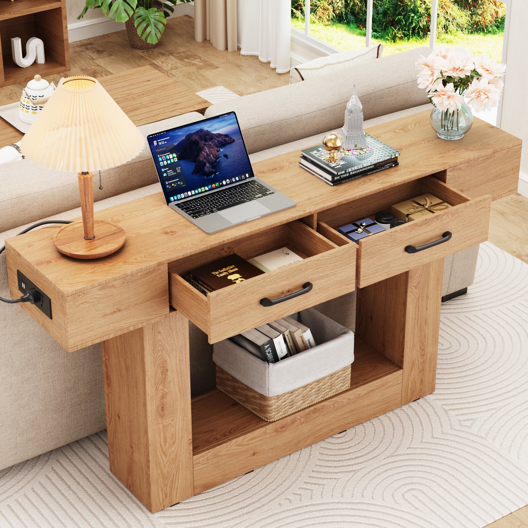 Holaki 63" Long Console Tables with Outlet, LED Strip & 2 Drawers, Modern Farmhouse Entryway Table with 20 Static Colors & 20 Changing Modes for Living Room, Office