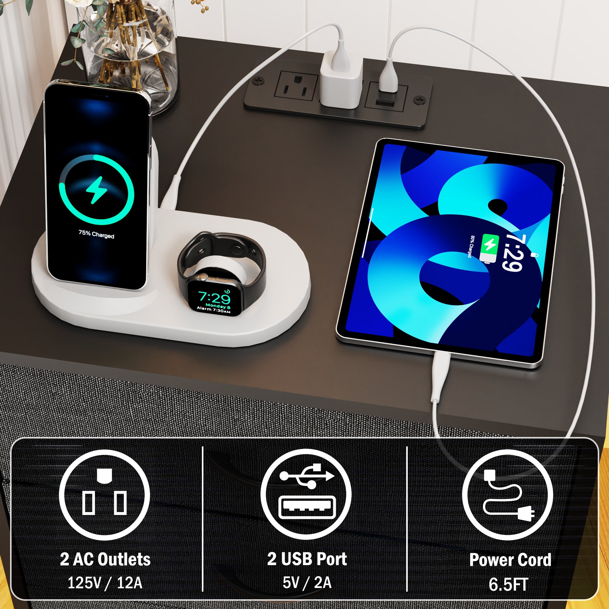 Nightstand Set of 2, Holaki Nightstand for Bedroom with Charging Station, Modern Nightstand with 3 Storage Drawer & 20 Colors LED Lights, Bedside Table for Living Room, White