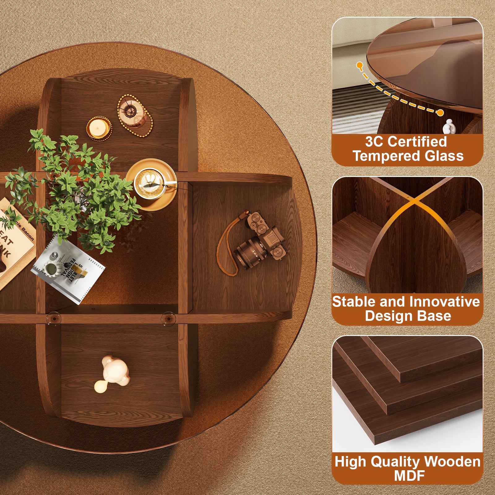 31.5" Round Glass Top Coffee Table for Living Room, Holaki Modern Center Table with Solid Wood Legs and Storage Shelves, Circle Center Cocktail Table with Tempered Glass-Top