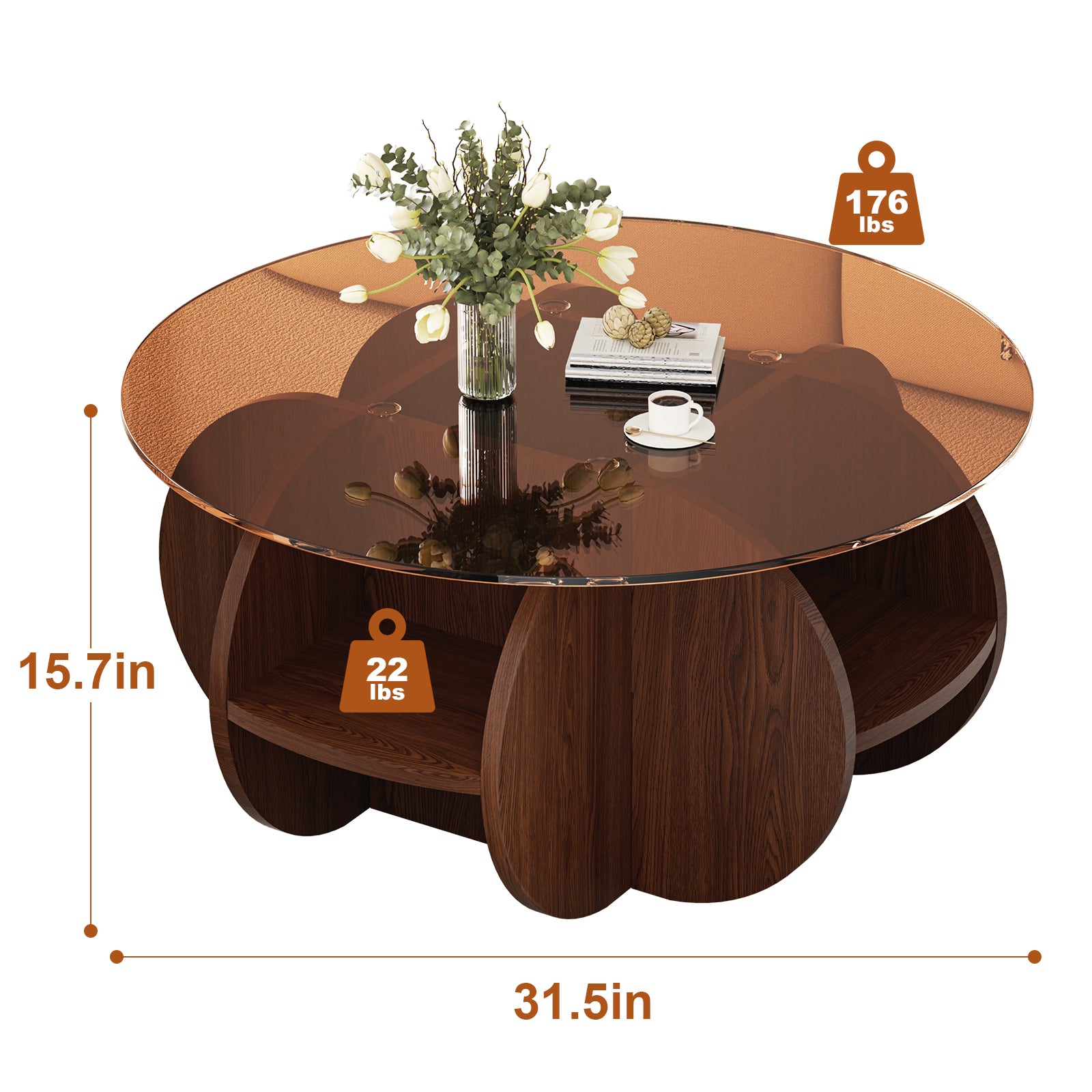 31.5" Round Glass Top Coffee Table for Living Room, Holaki Modern Center Table with Solid Wood Legs and Storage Shelves, Circle Center Cocktail Table with Tempered Glass-Top
