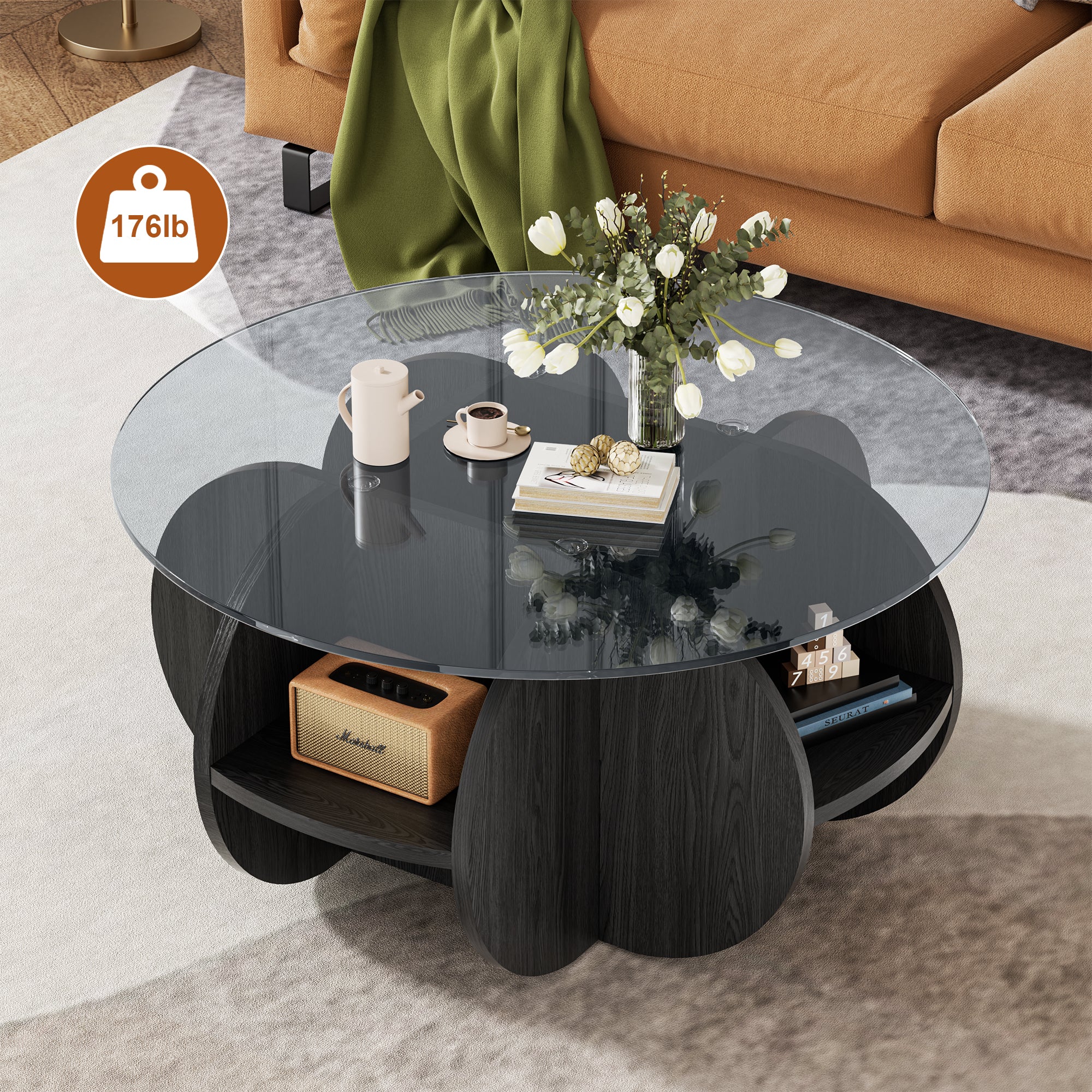 31.5" Round Glass Top Coffee Table for Living Room, Holaki Modern Center Table with Solid Wood Legs and Storage Shelves, Circle Center Cocktail Table with Tempered Glass-Top