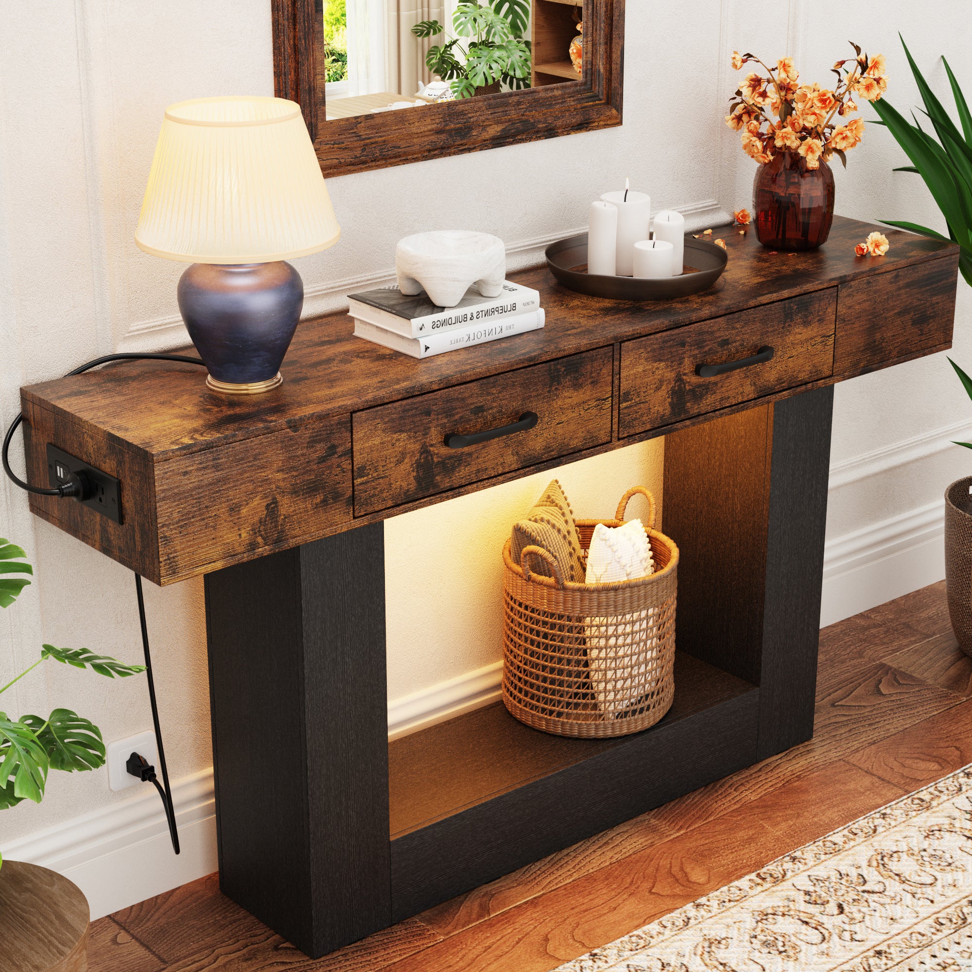 Holaki 63" Long Console Tables with Outlet, LED Strip & 2 Drawers, Modern Farmhouse Entryway Table with 20 Static Colors & 20 Changing Modes for Living Room, Office