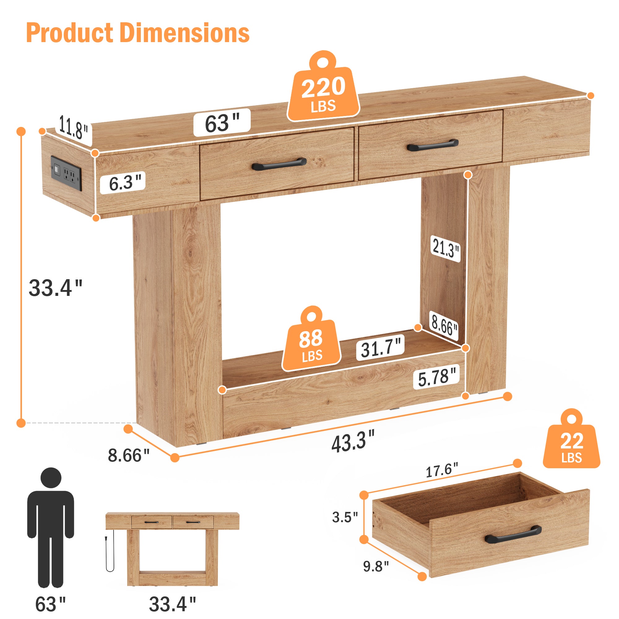 Holaki 63" Long Console Tables with Outlet, LED Strip & 2 Drawers, Modern Farmhouse Entryway Table with 20 Static Colors & 20 Changing Modes for Living Room, Office