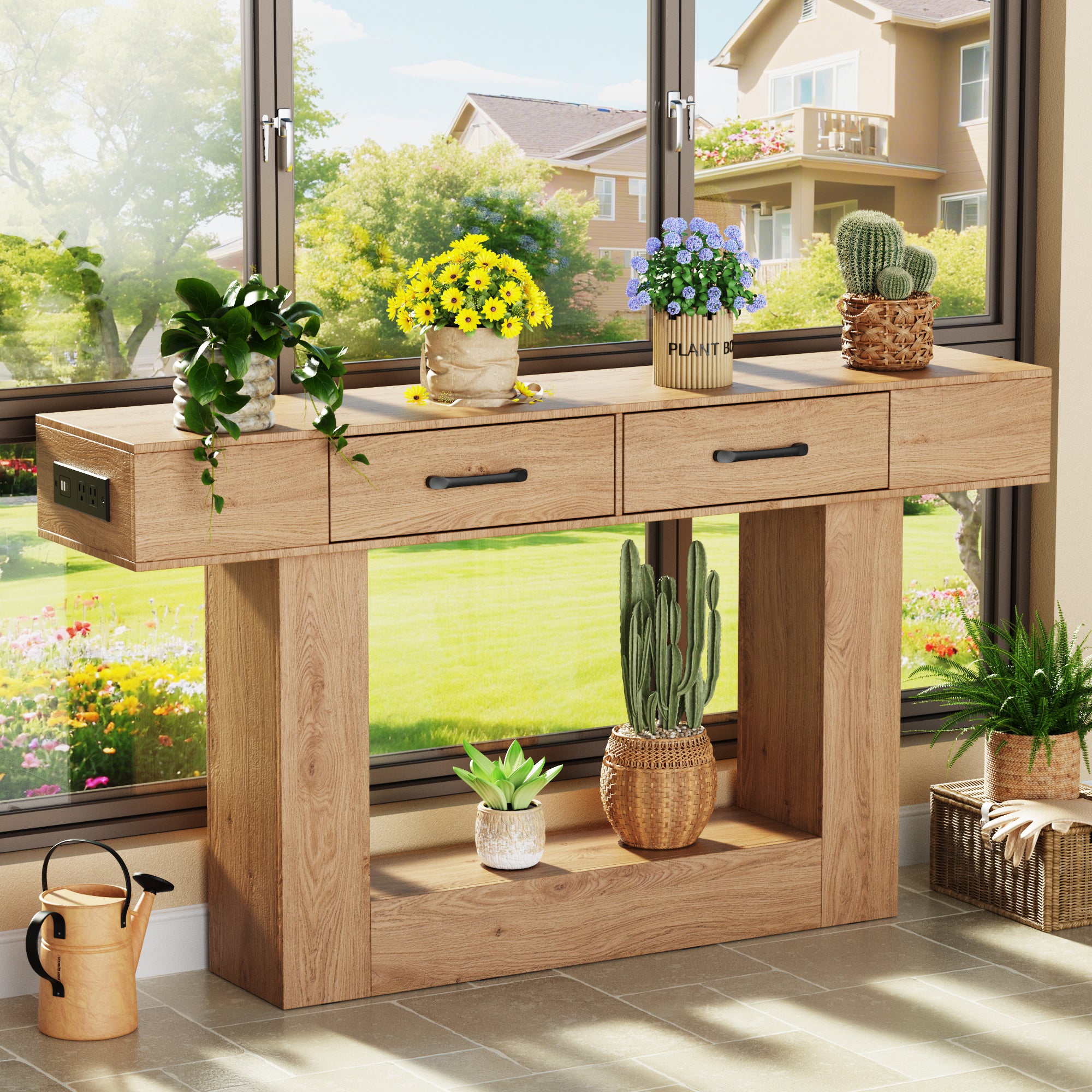 Holaki 63" Long Console Tables with Outlet, LED Strip & 2 Drawers, Modern Farmhouse Entryway Table with 20 Static Colors & 20 Changing Modes for Living Room, Office