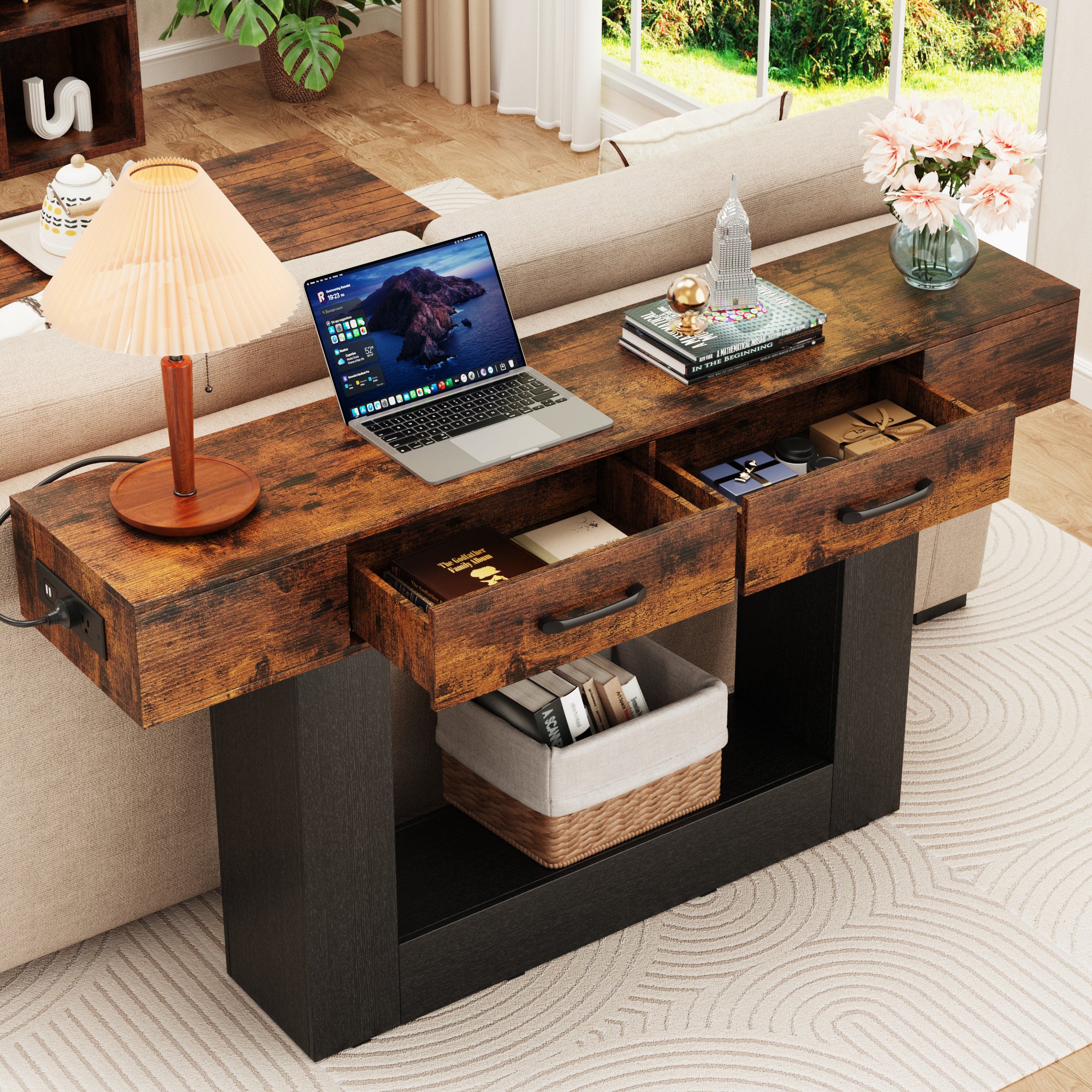 Holaki 63" Long Console Tables with Outlet, LED Strip & 2 Drawers, Modern Farmhouse Entryway Table with 20 Static Colors & 20 Changing Modes for Living Room, Office