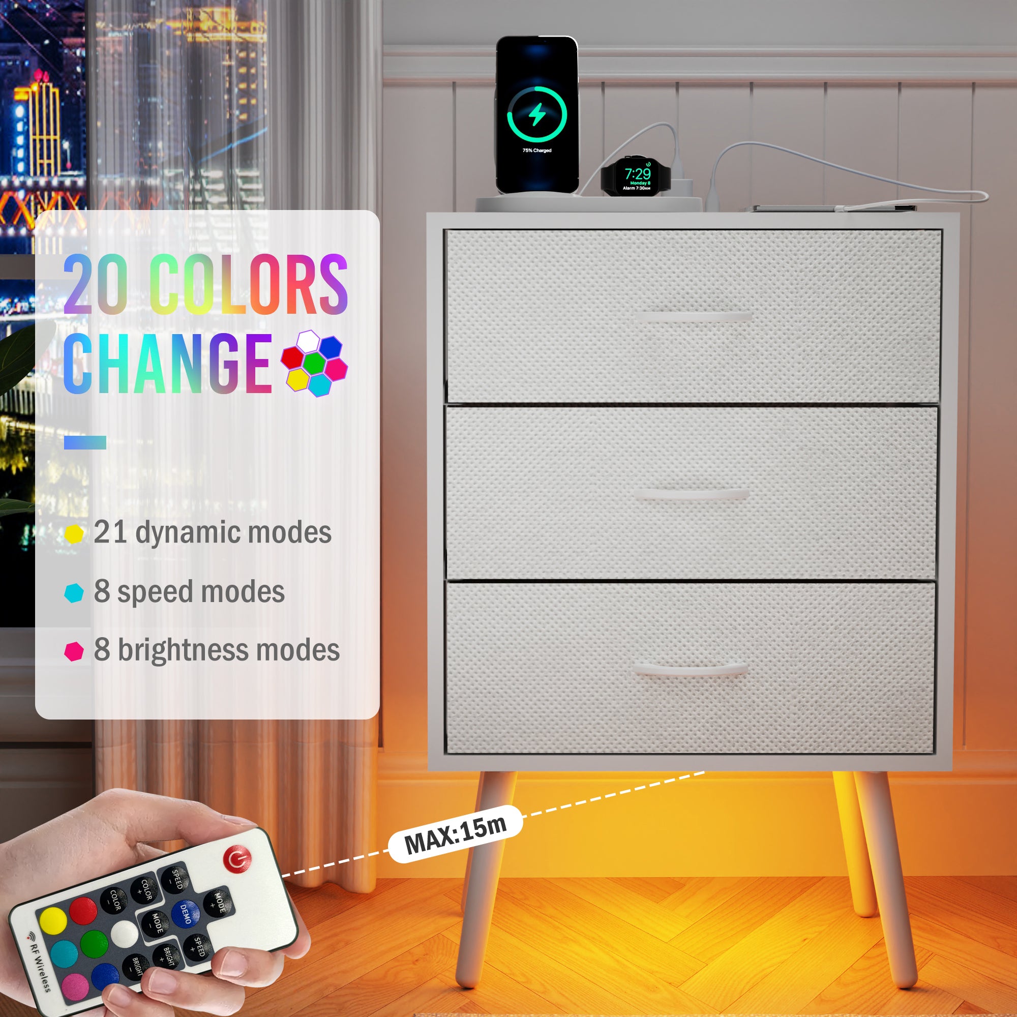 Nightstand Set of 2, Holaki Nightstand for Bedroom with Charging Station, Modern Nightstand with 3 Storage Drawer & 20 Colors LED Lights, Bedside Table for Living Room, White