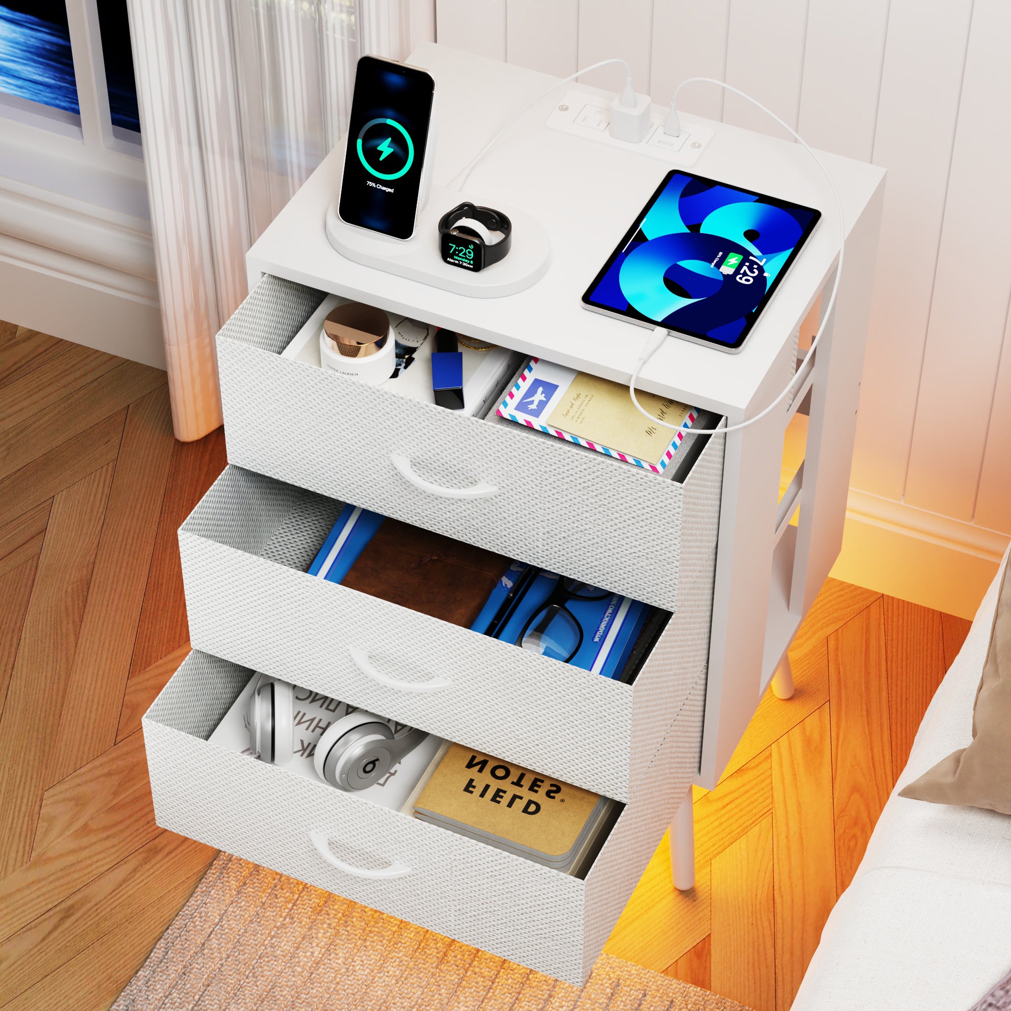 Nightstand Set of 2, Holaki Nightstand for Bedroom with Charging Station, Modern Nightstand with 3 Storage Drawer & 20 Colors LED Lights, Bedside Table for Living Room, White
