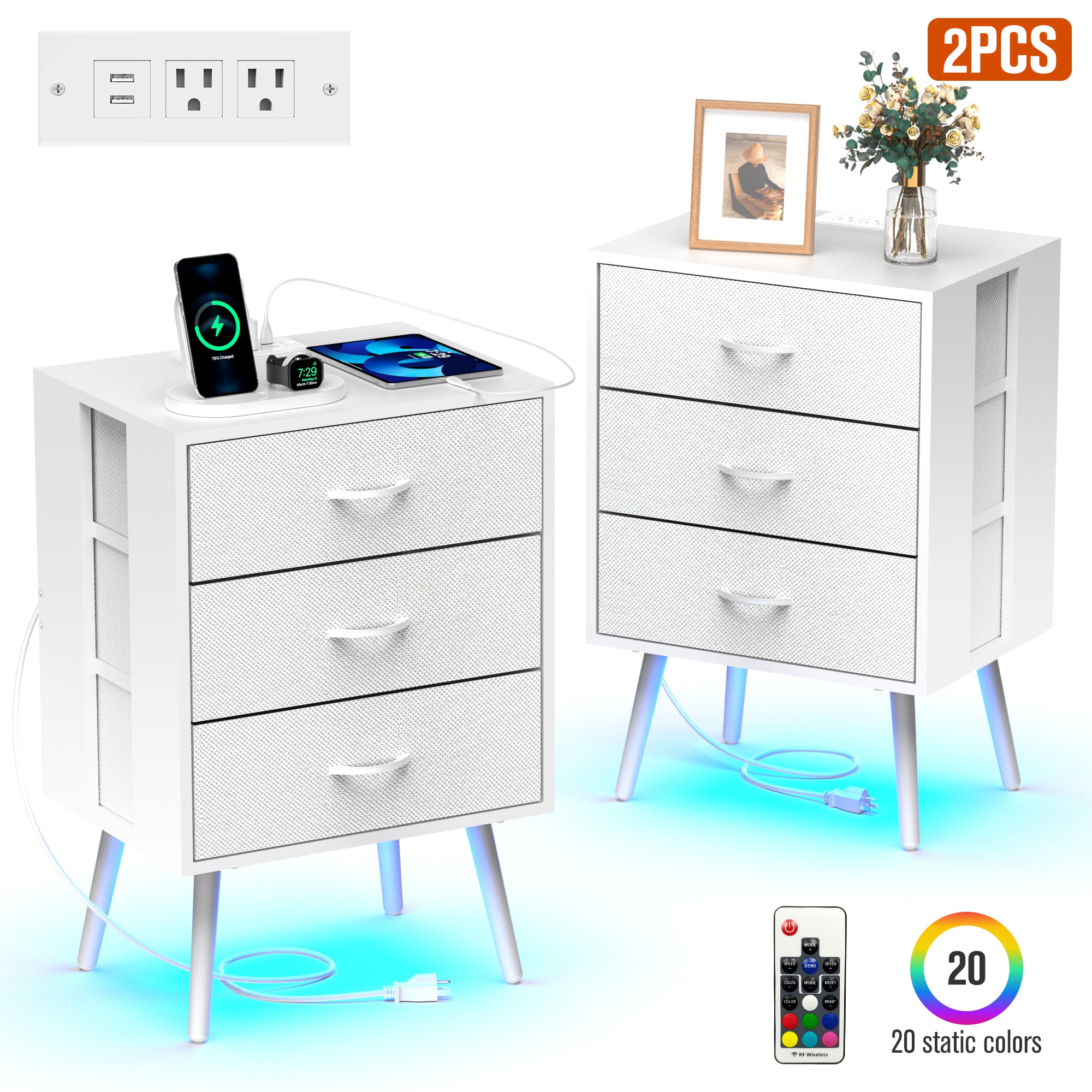 Nightstand Set of 2, Holaki Nightstand for Bedroom with Charging Station, Modern Nightstand with 3 Storage Drawer & 20 Colors LED Lights, Bedside Table for Living Room, White