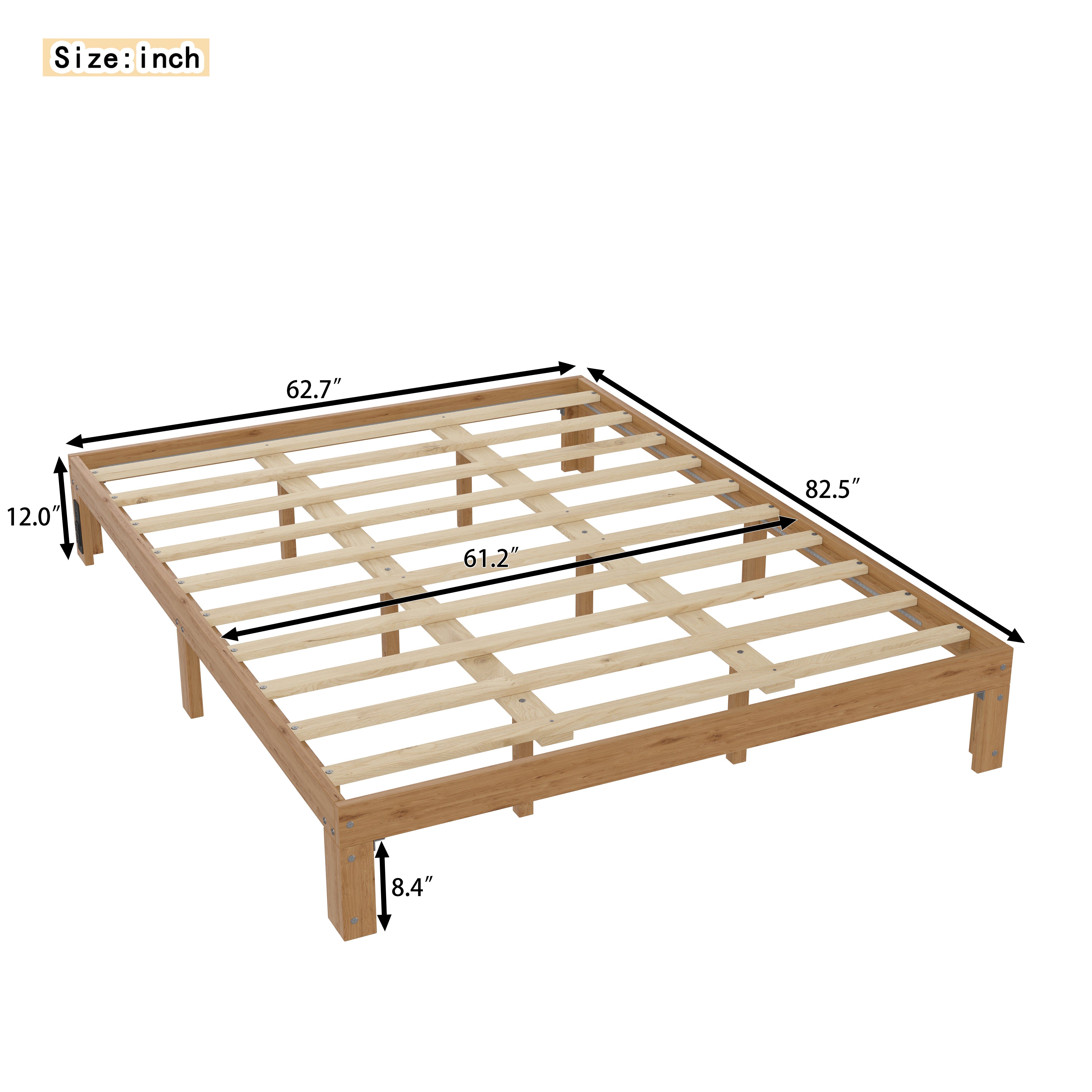 Wood Queen Size Bed Frame, Holaki 12" Modern Queen Bed Frame with Charging Station, LED Light and Slat Support, No Box Spring Needed, Easy Assembly