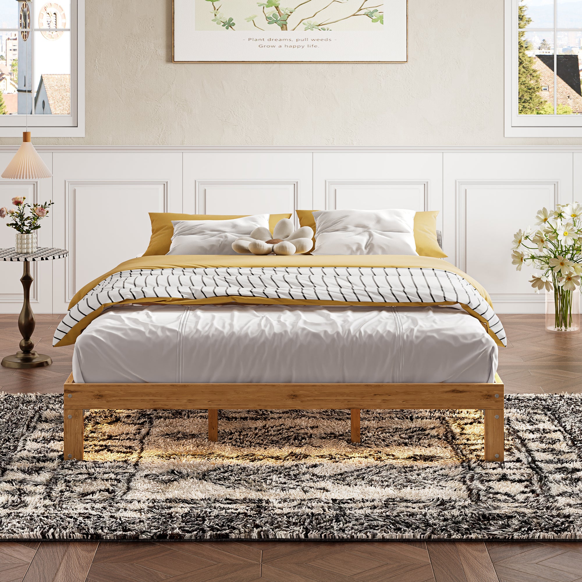 Wood Queen Size Bed Frame, Holaki 12" Modern Queen Bed Frame with Charging Station, LED Light and Slat Support, No Box Spring Needed, Easy Assembly