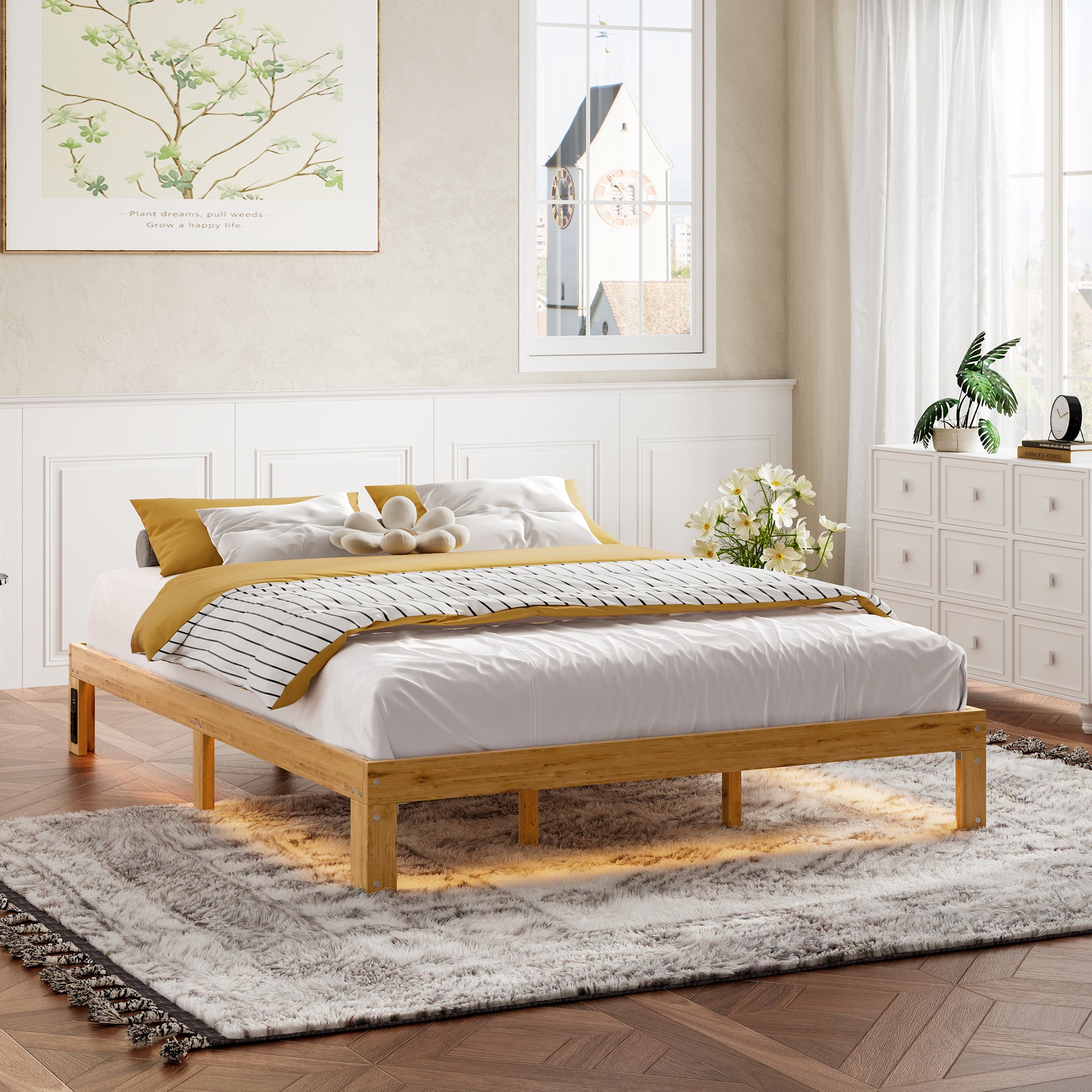 Wood Queen Size Bed Frame, Holaki 12" Modern Queen Bed Frame with Charging Station, LED Light and Slat Support, No Box Spring Needed, Easy Assembly