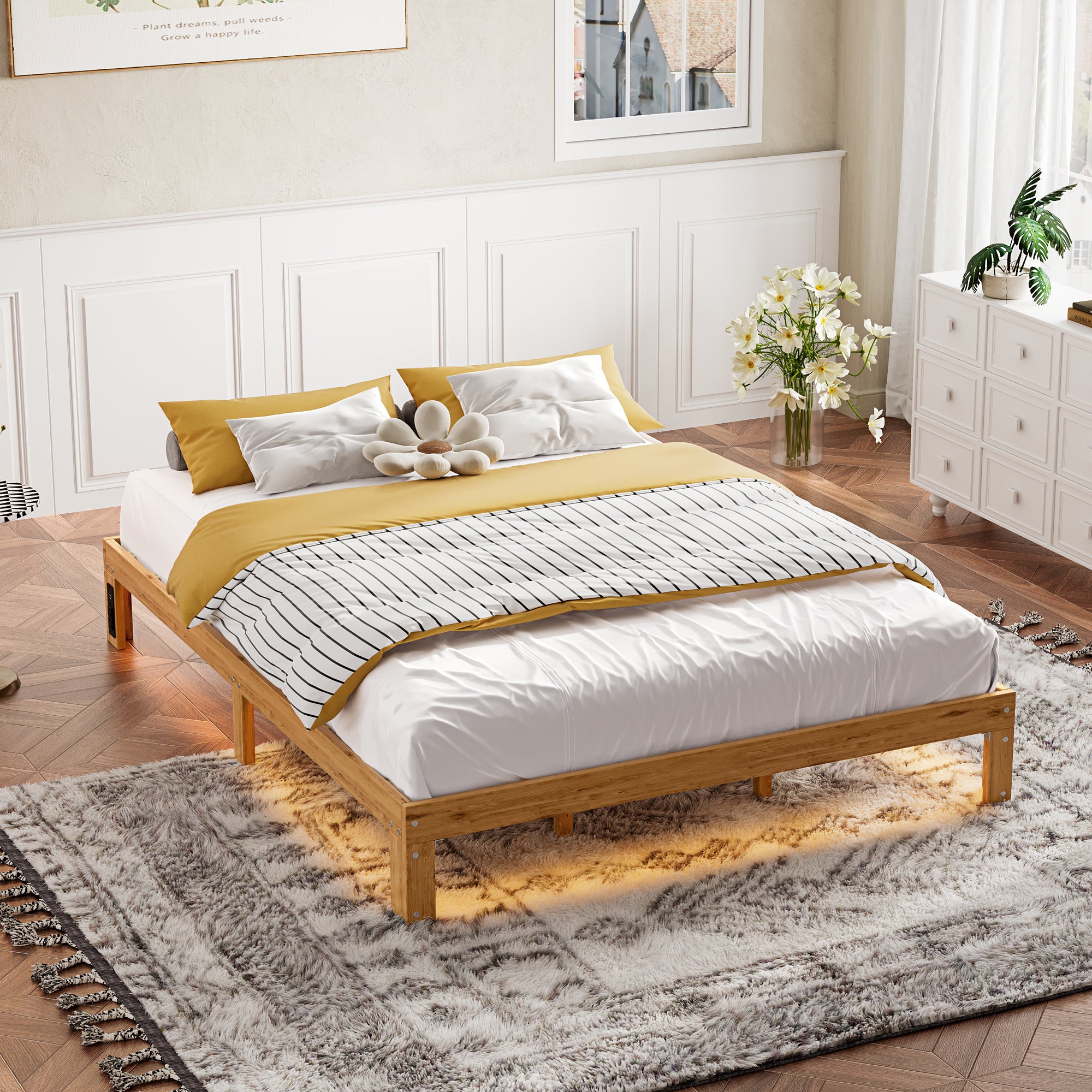 Wood Queen Size Bed Frame, Holaki 12" Modern Queen Bed Frame with Charging Station, LED Light and Slat Support, No Box Spring Needed, Easy Assembly