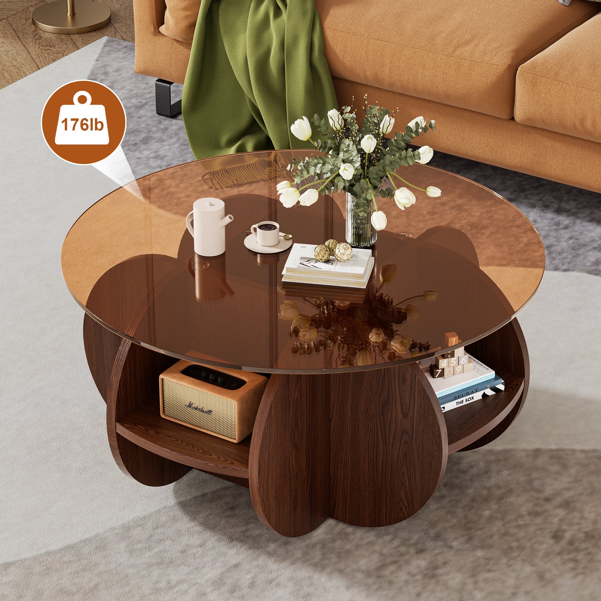 31.5" Round Glass Top Coffee Table for Living Room, Holaki Modern Center Table with Solid Wood Legs and Storage Shelves, Circle Center Cocktail Table with Tempered Glass-Top