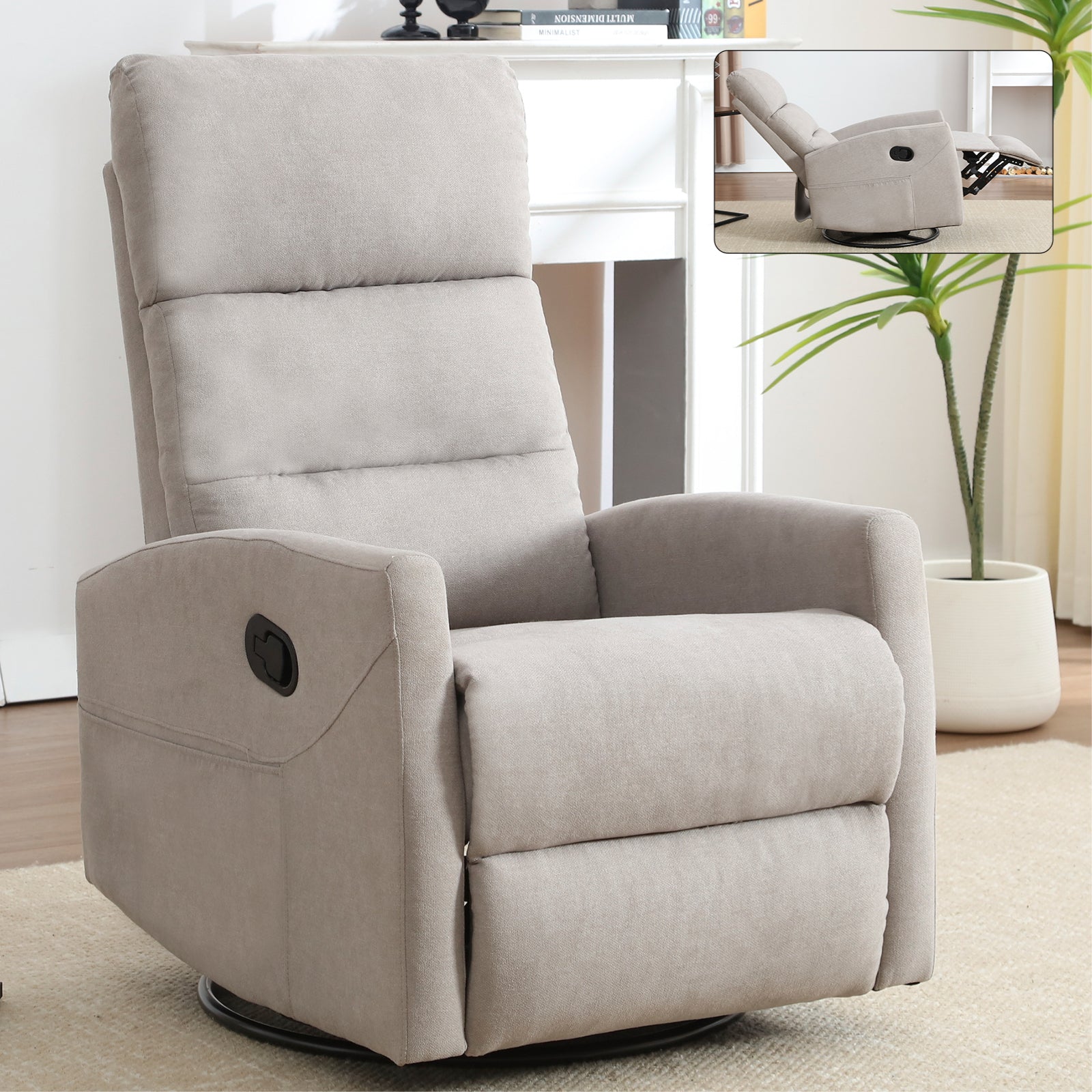 Manual Swivel Rocker Recliner Chair, Holaki 360° Swivel Recliner with Massage and Heat, Comfy Upholstered Nursery Glider Rocking Chair with Side Pockets, Lumbar Support for Living Room
